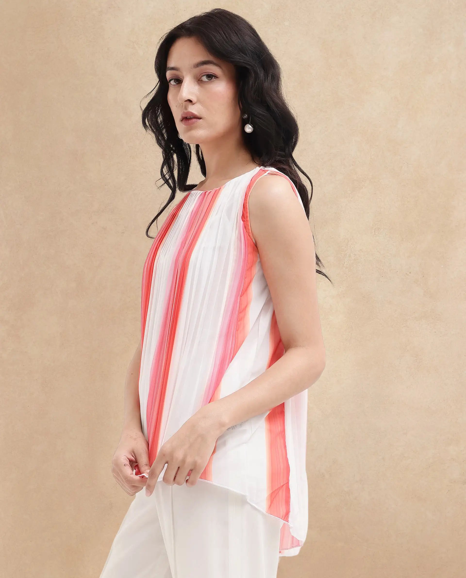 Rareism Women Materio Multi Sleeveless Boat Neck Relaxed Fit Broad Stripes Top