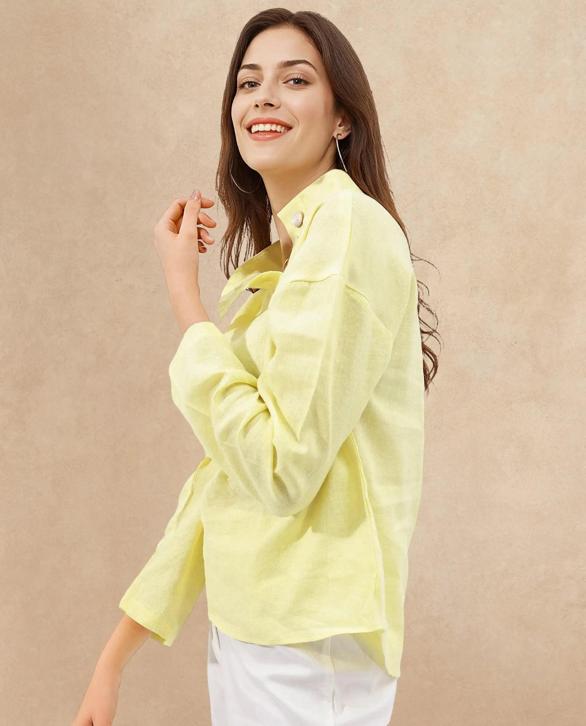 Rareism Women Mayotte Pastel Yellow Cotton Linen Fabric Regular Sleeves Collared Neck Solid Regular Length Top