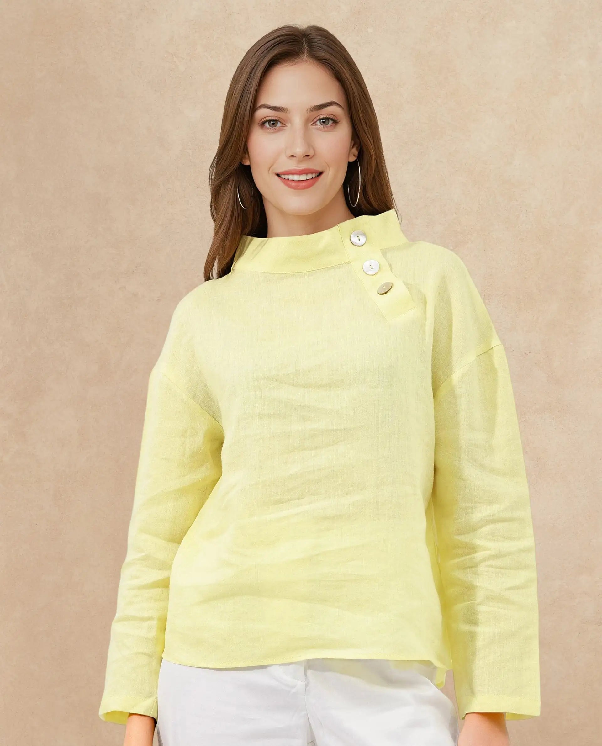 Rareism Women Mayotte Pastel Yellow Cotton Linen Fabric Regular Sleeves Collared Neck Solid Regular Length Top