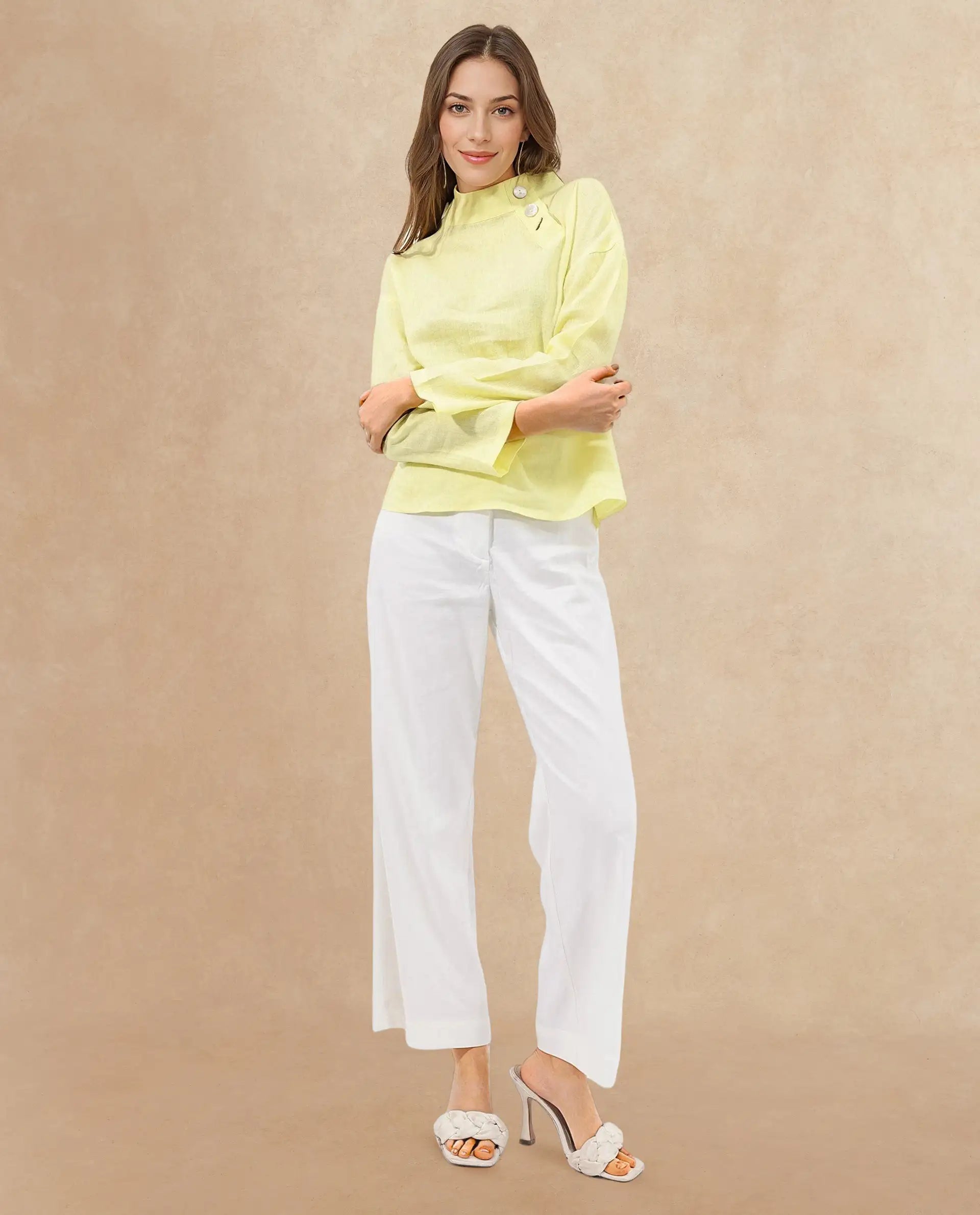 Rareism Women Mayotte Pastel Yellow Cotton Linen Fabric Regular Sleeves Collared Neck Solid Regular Length Top