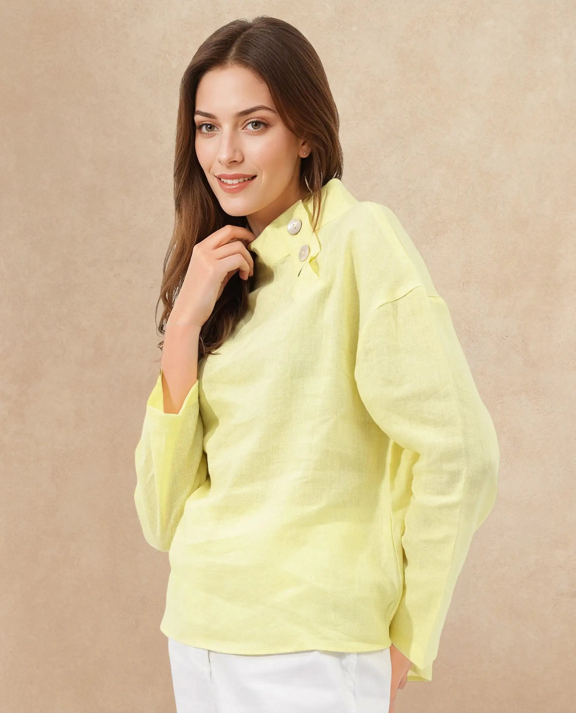 Rareism Women Mayotte Pastel Yellow Cotton Linen Fabric Regular Sleeves Collared Neck Solid Regular Length Top