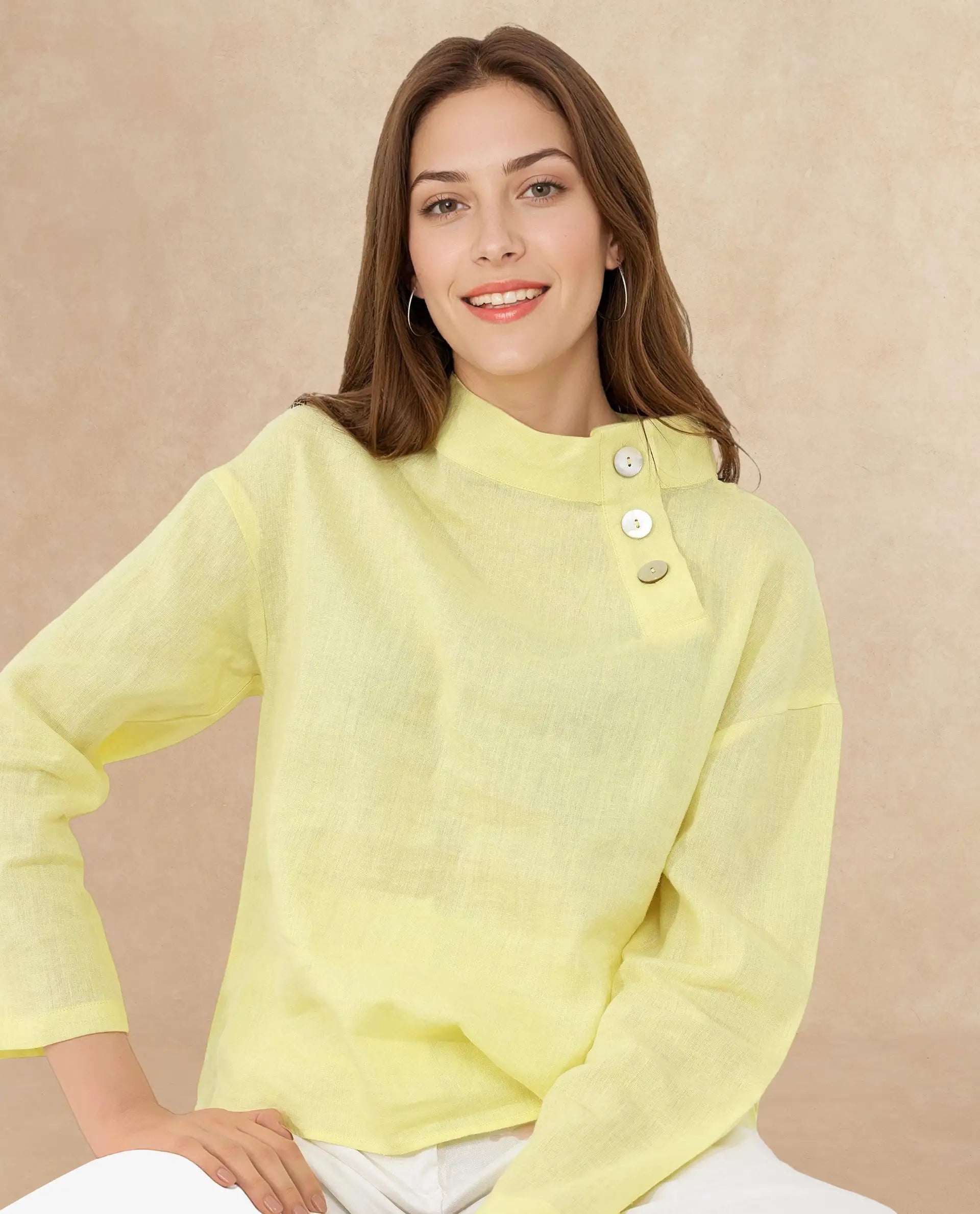 Rareism Women Mayotte Pastel Yellow Cotton Linen Fabric Regular Sleeves Collared Neck Solid Regular Length Top
