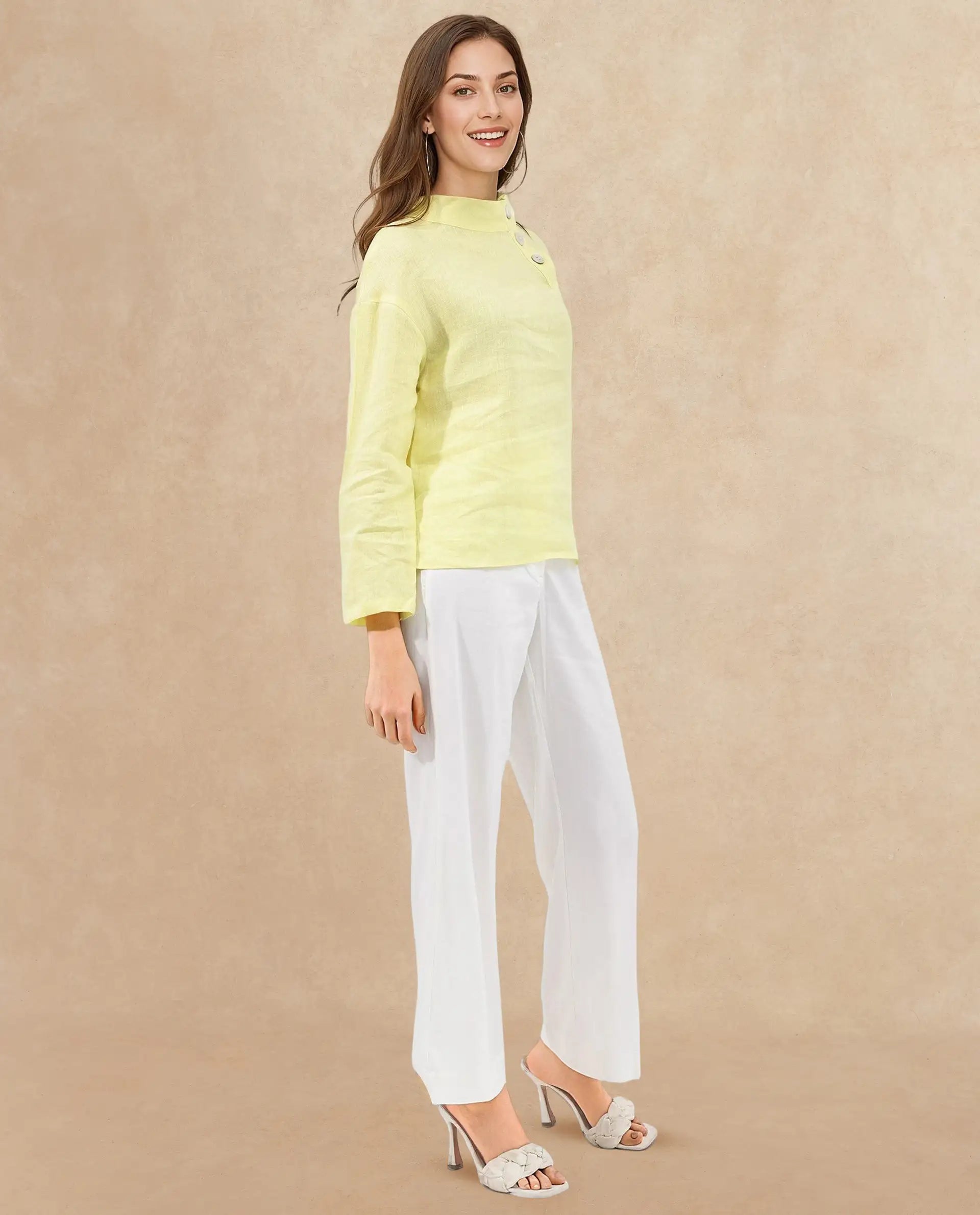 Rareism Women Mayotte Pastel Yellow Cotton Linen Fabric Regular Sleeves Collared Neck Solid Regular Length Top