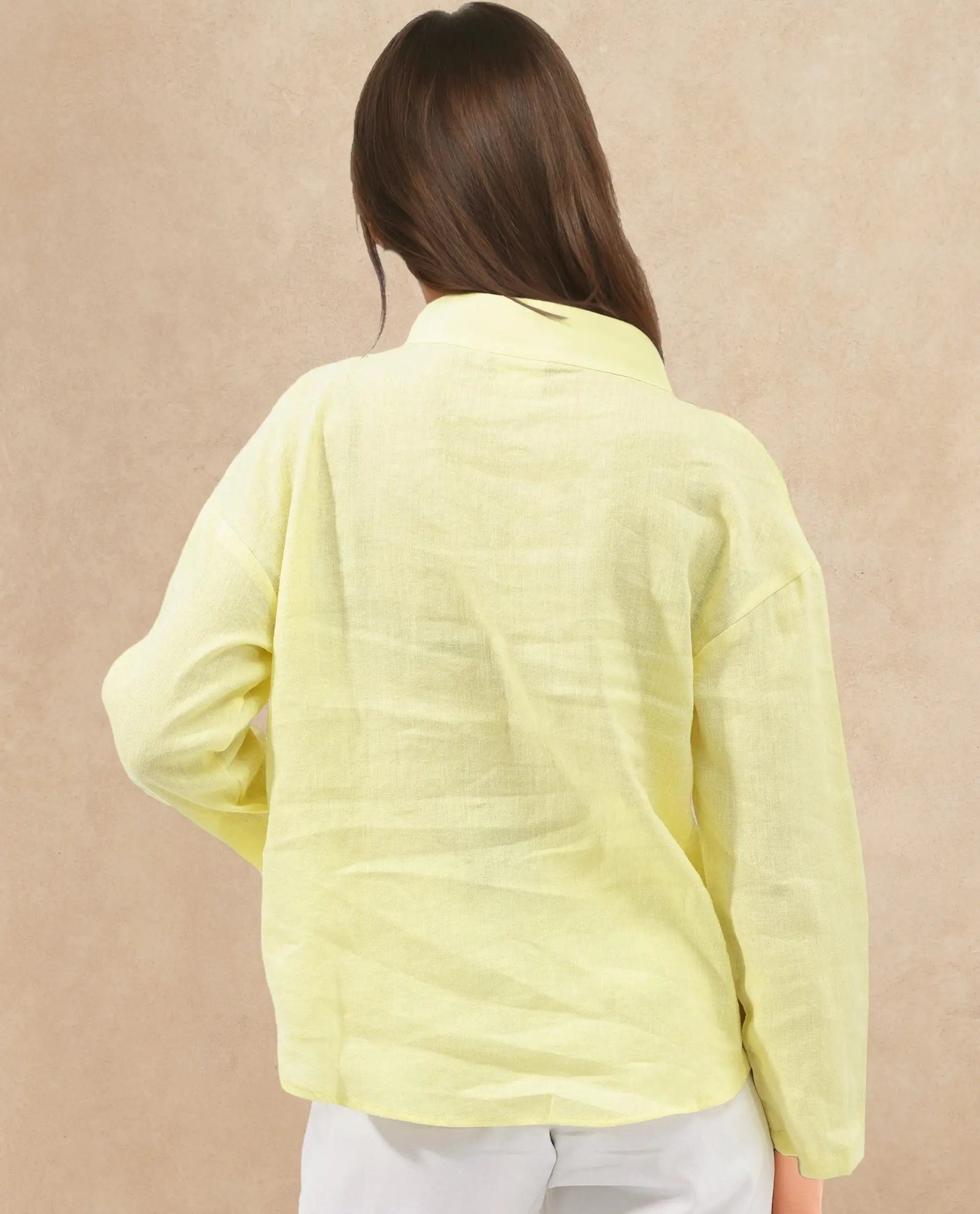 Rareism Women Mayotte Pastel Yellow Cotton Linen Fabric Regular Sleeves Collared Neck Solid Regular Length Top