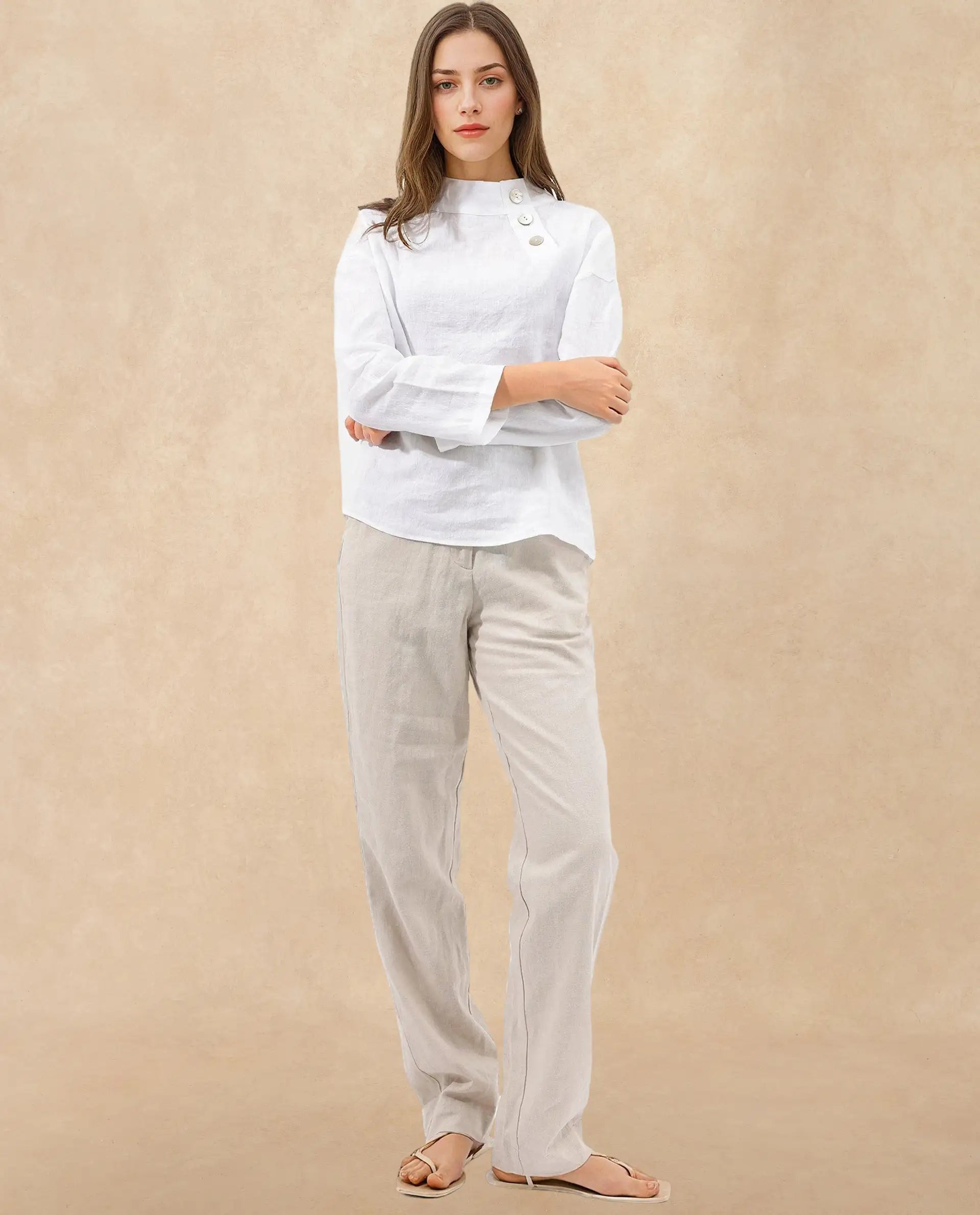 Rareism Women Mayotte White Cotton Linen Fabric Regular Sleeves Collared Neck Solid Regular Length Top