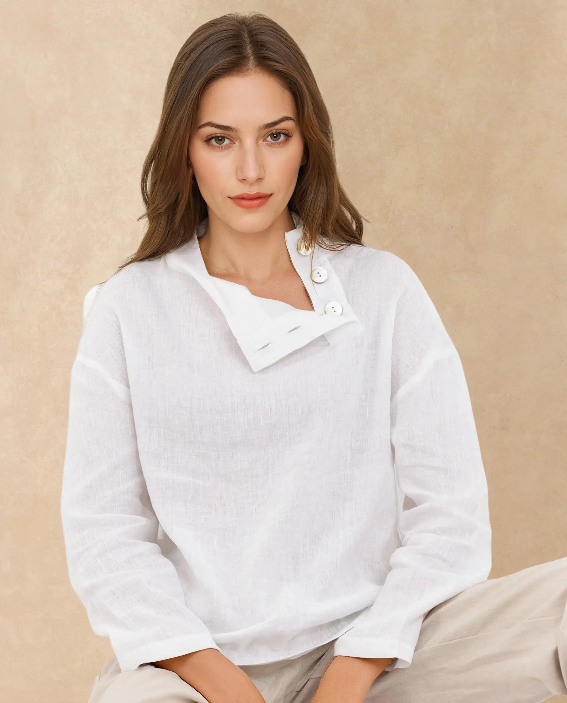 Rareism Women Mayotte White Cotton Linen Fabric Regular Sleeves Collared Neck Solid Regular Length Top