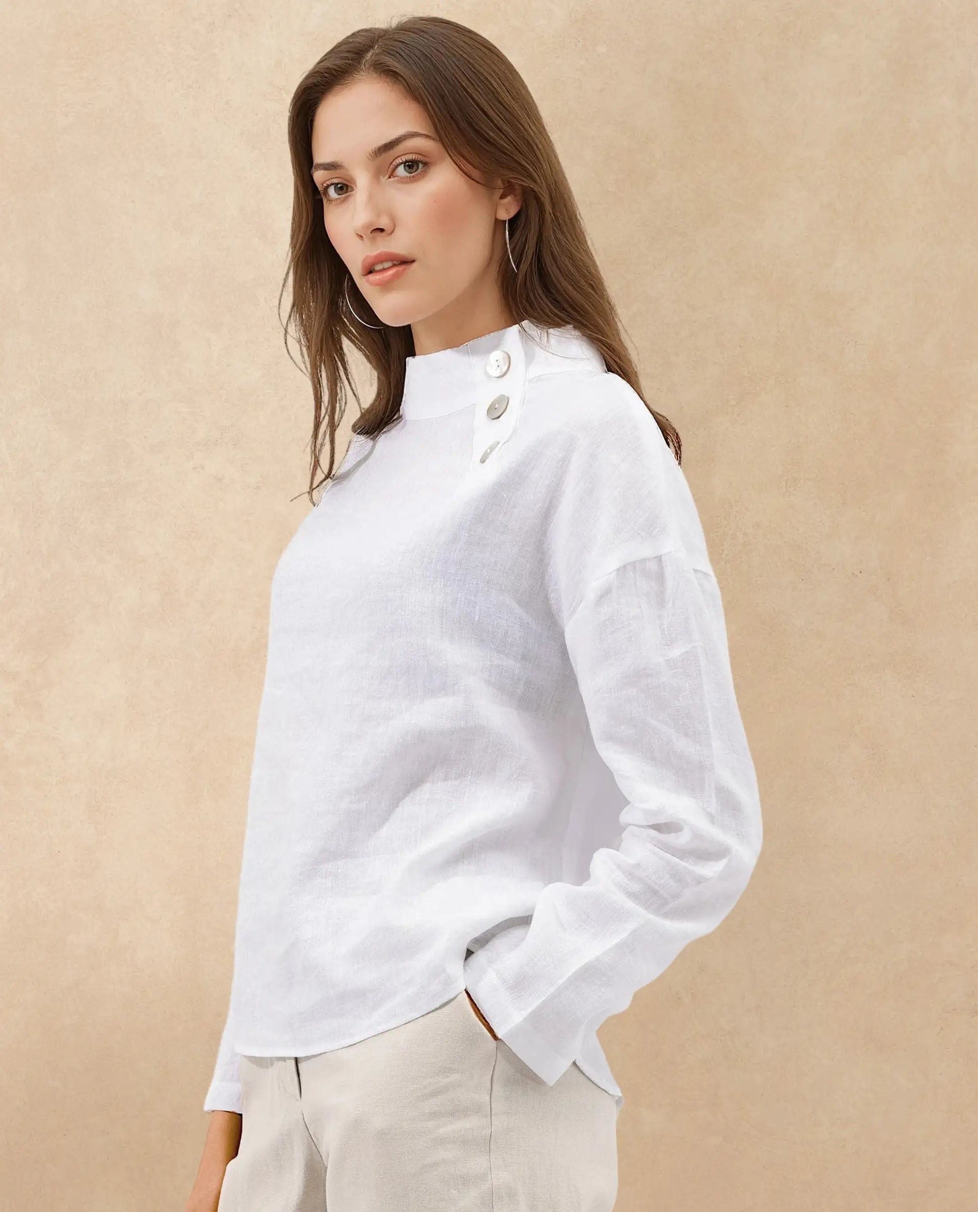 Rareism Women Mayotte White Cotton Linen Fabric Regular Sleeves Collared Neck Solid Regular Length Top