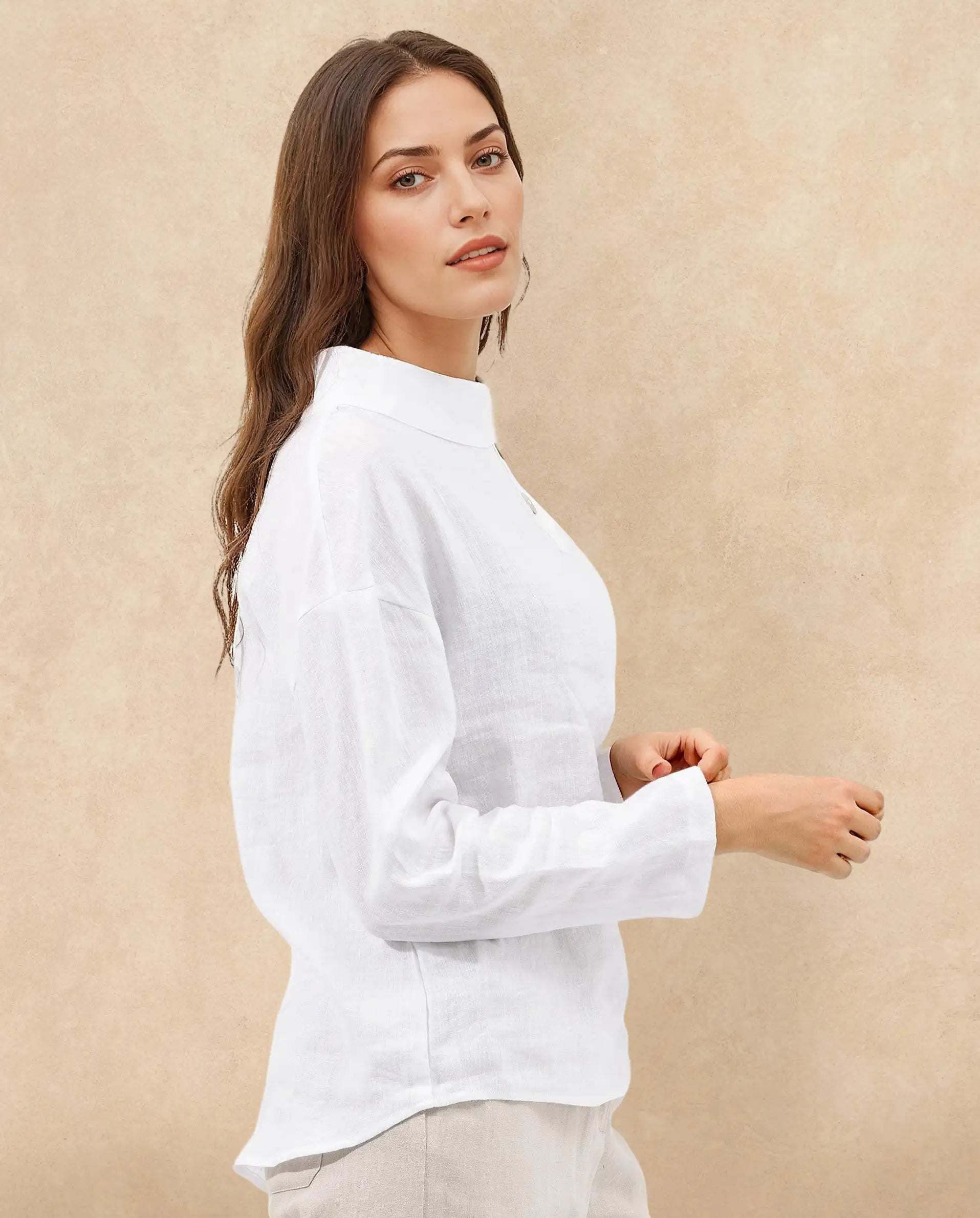 Rareism Women Mayotte White Cotton Linen Fabric Regular Sleeves Collared Neck Solid Regular Length Top