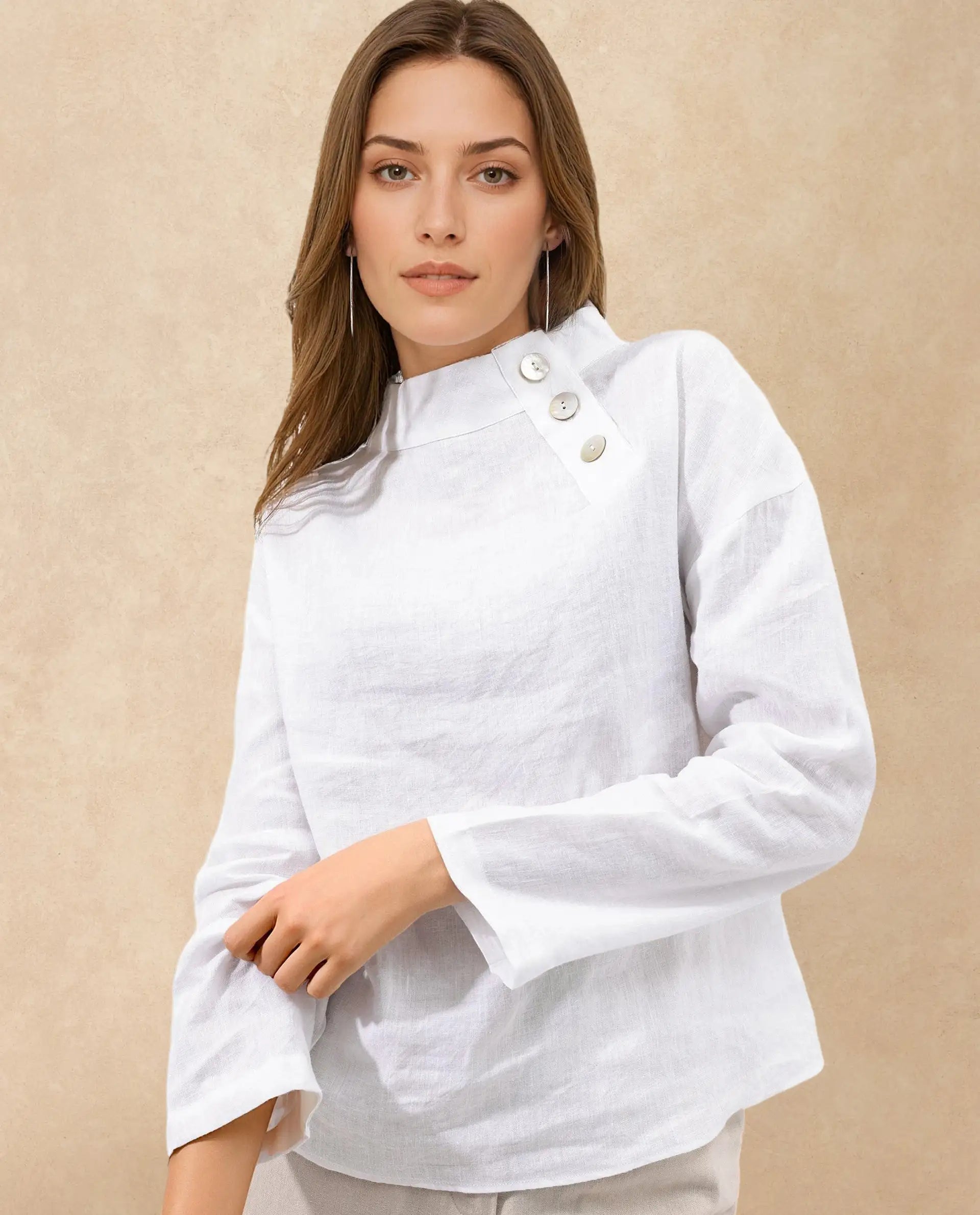 Rareism Women Mayotte White Cotton Linen Fabric Regular Sleeves Collared Neck Solid Regular Length Top