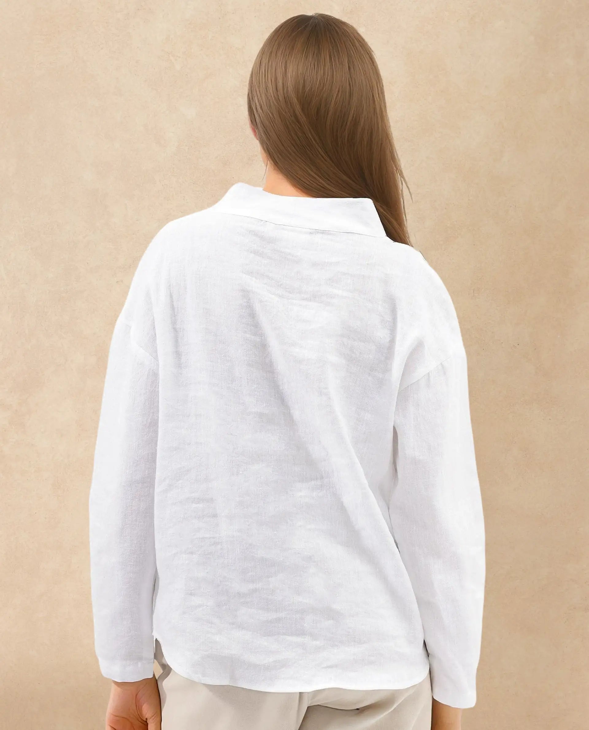 Rareism Women Mayotte White Cotton Linen Fabric Regular Sleeves Collared Neck Solid Regular Length Top