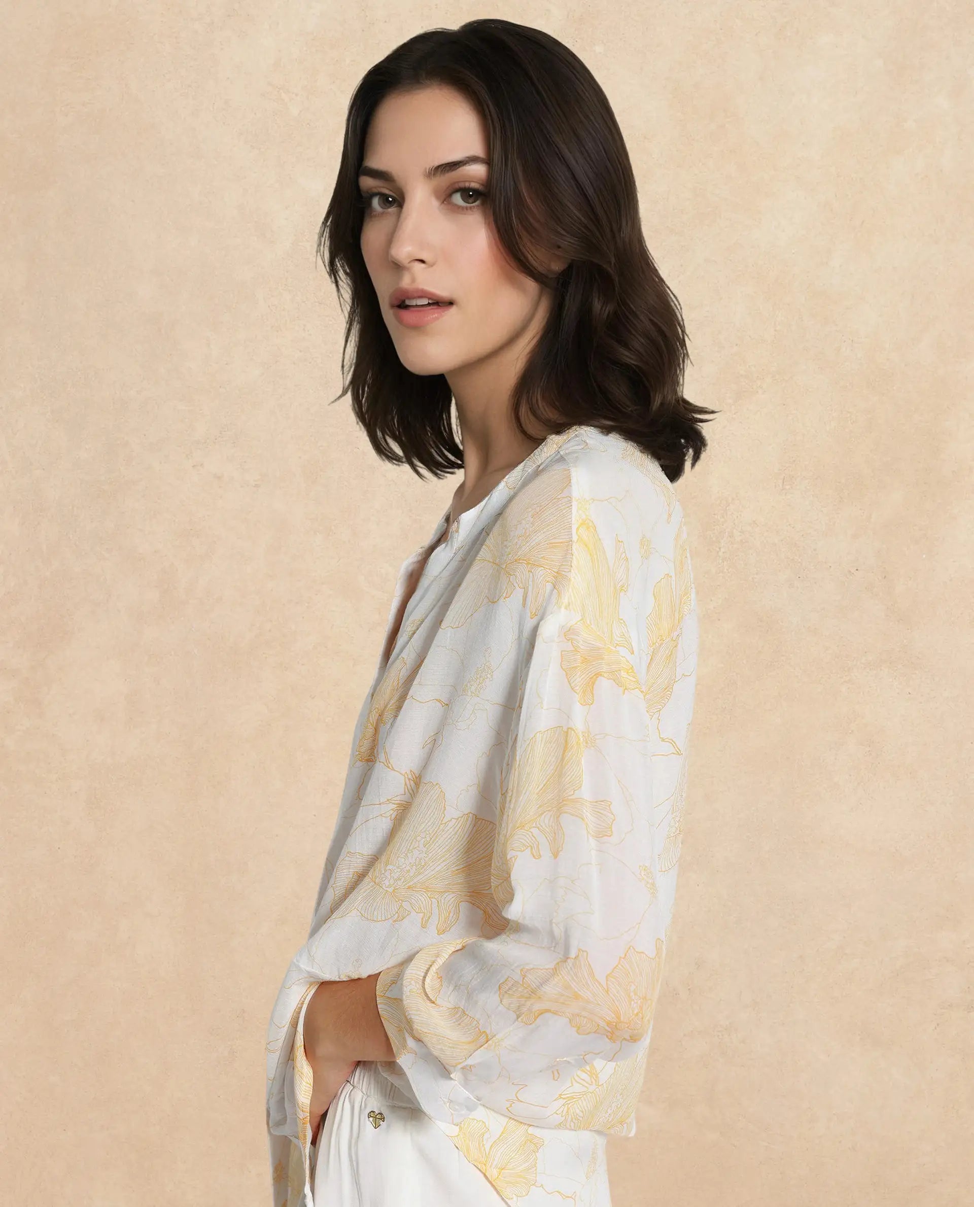 Rareism Women Mayton Light Yellow Button Closure Cuffed Sleeve Mandarin Collar Relaxed Fit Floral Print Shirt