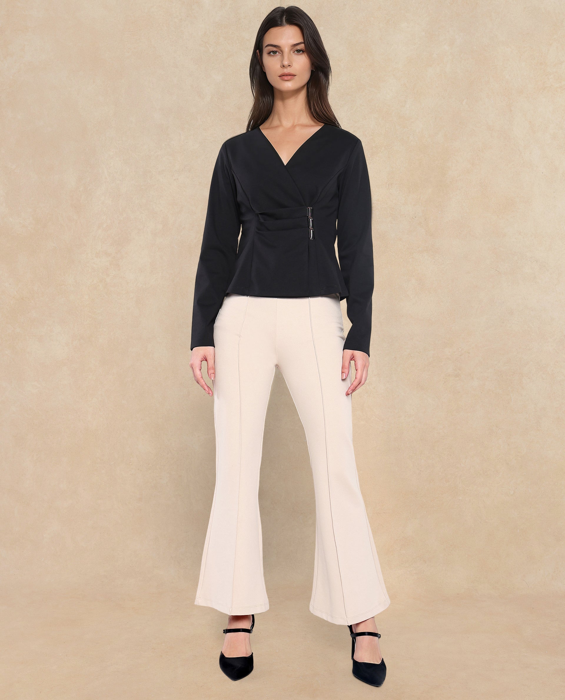 Rareism Women Mellow Black Full Sleeve V-Neck Zip Closure Plain Top