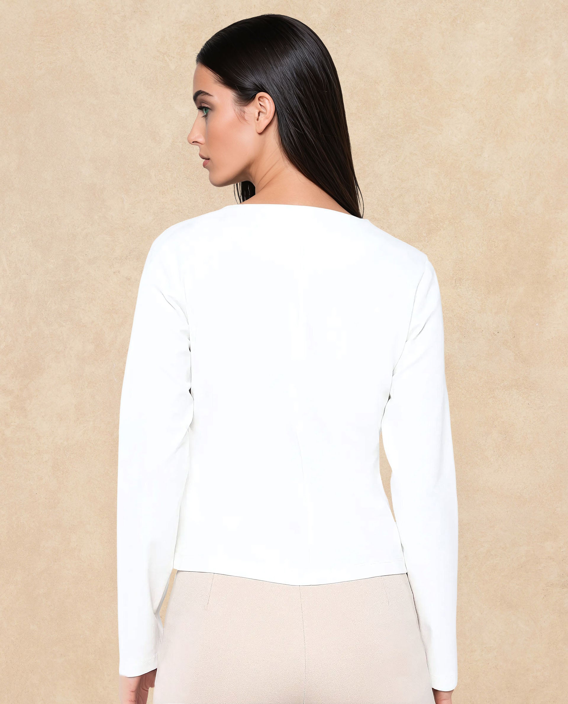 Rareism Women Mellow White Full Sleeve V-Neck Zip Closure Plain Top