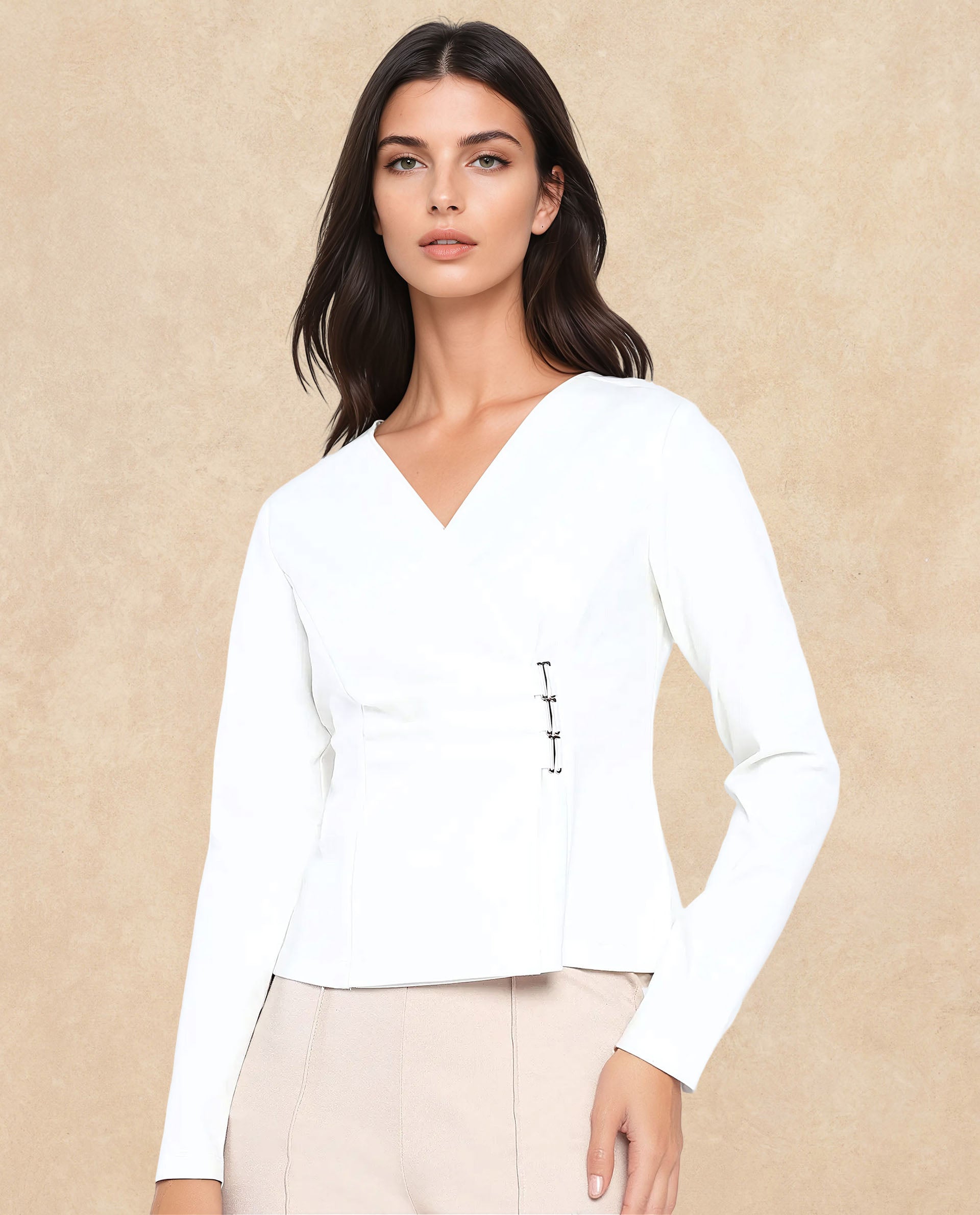 Rareism Women Mellow White Full Sleeve V-Neck Zip Closure Plain Top