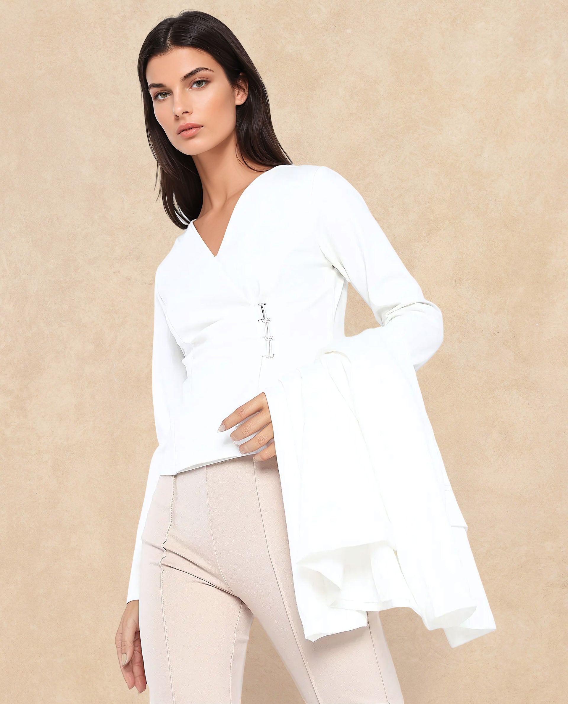 Rareism Women Mellow White Full Sleeve V-Neck Zip Closure Plain Top