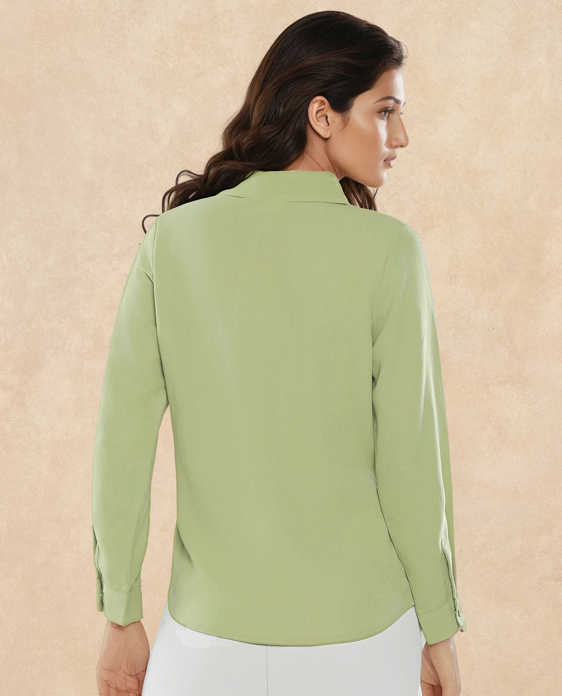 Rareism Women Mersin Light Green Cuffed Sleeves Collared Neck Button Closure Plain Top