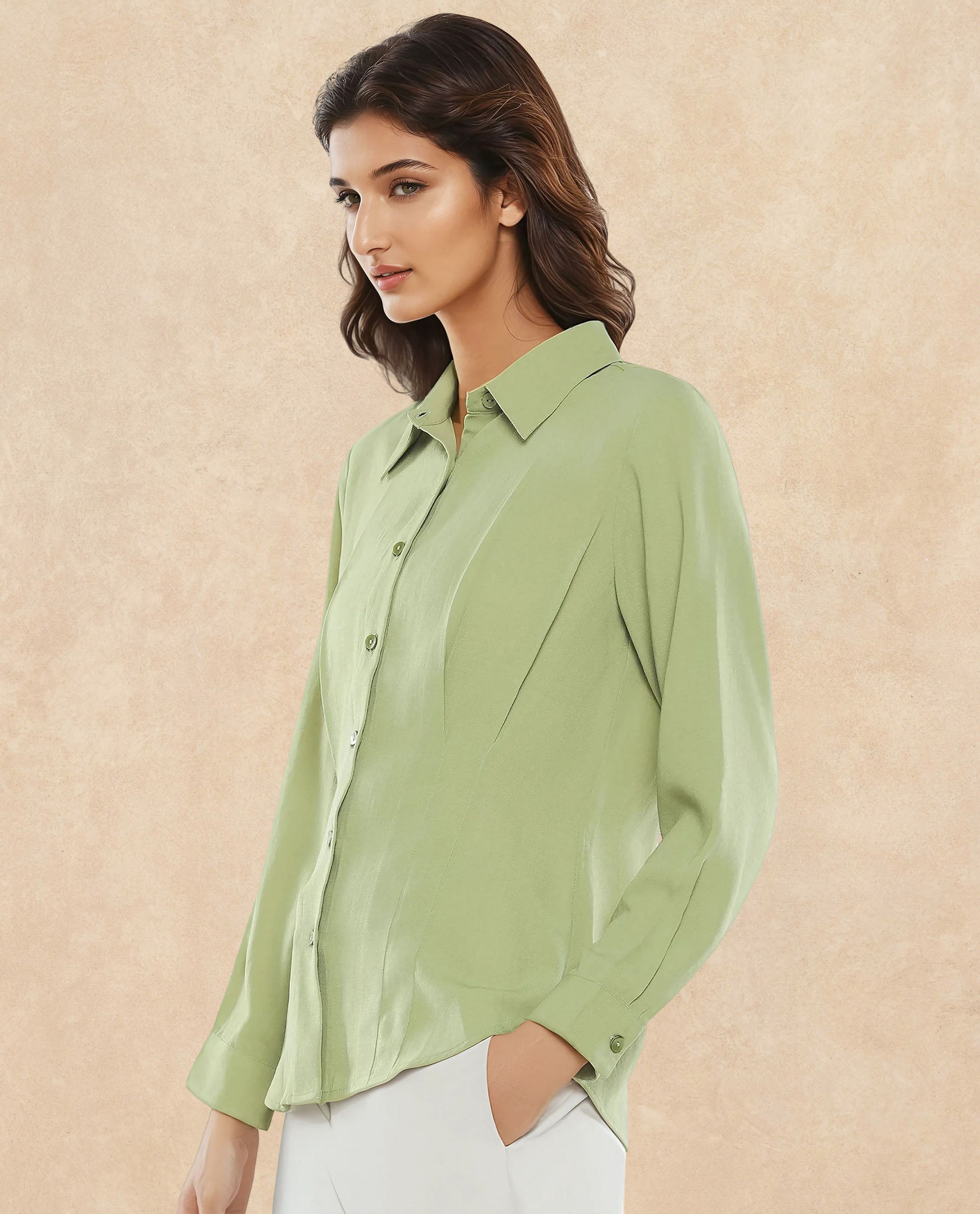 Rareism Women Mersin Light Green Cuffed Sleeves Collared Neck Button Closure Plain Top