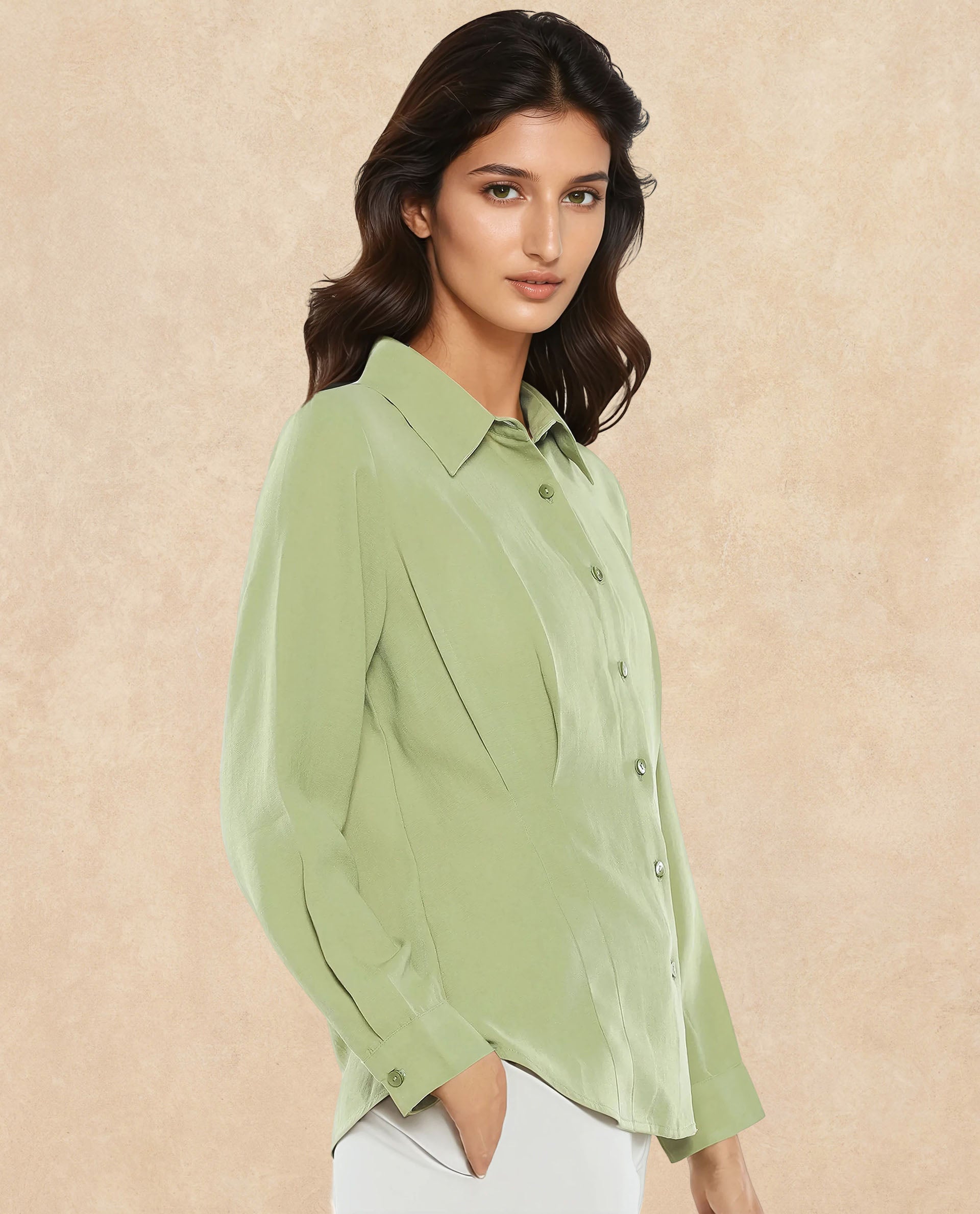 Rareism Women Mersin Light Green Cuffed Sleeves Collared Neck Button Closure Plain Top