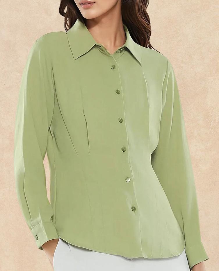 Rareism Women Mersin Light Green Cuffed Sleeves Collared Neck Button Closure Plain Top