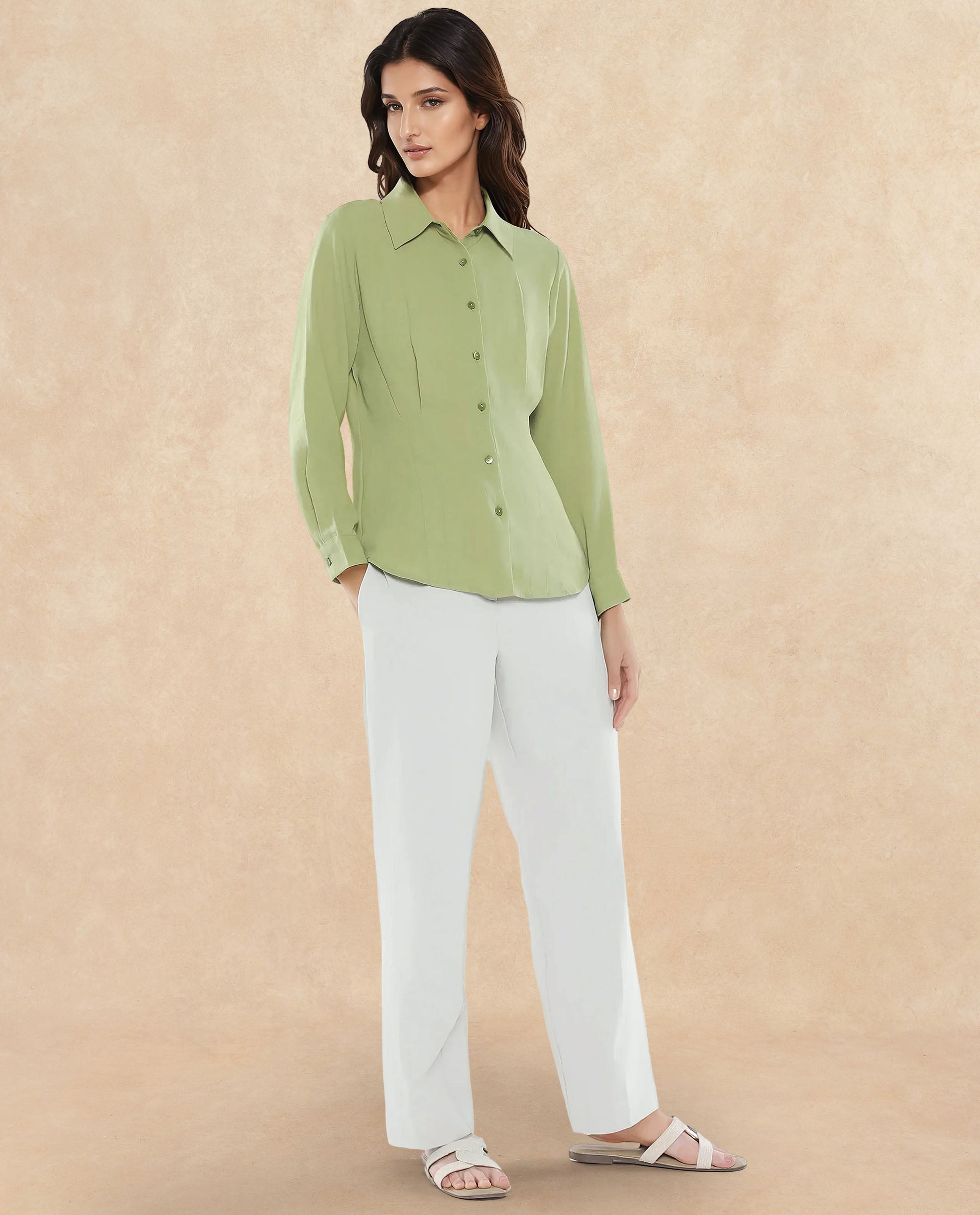 Rareism Women Mersin Light Green Cuffed Sleeves Collared Neck Button Closure Plain Top