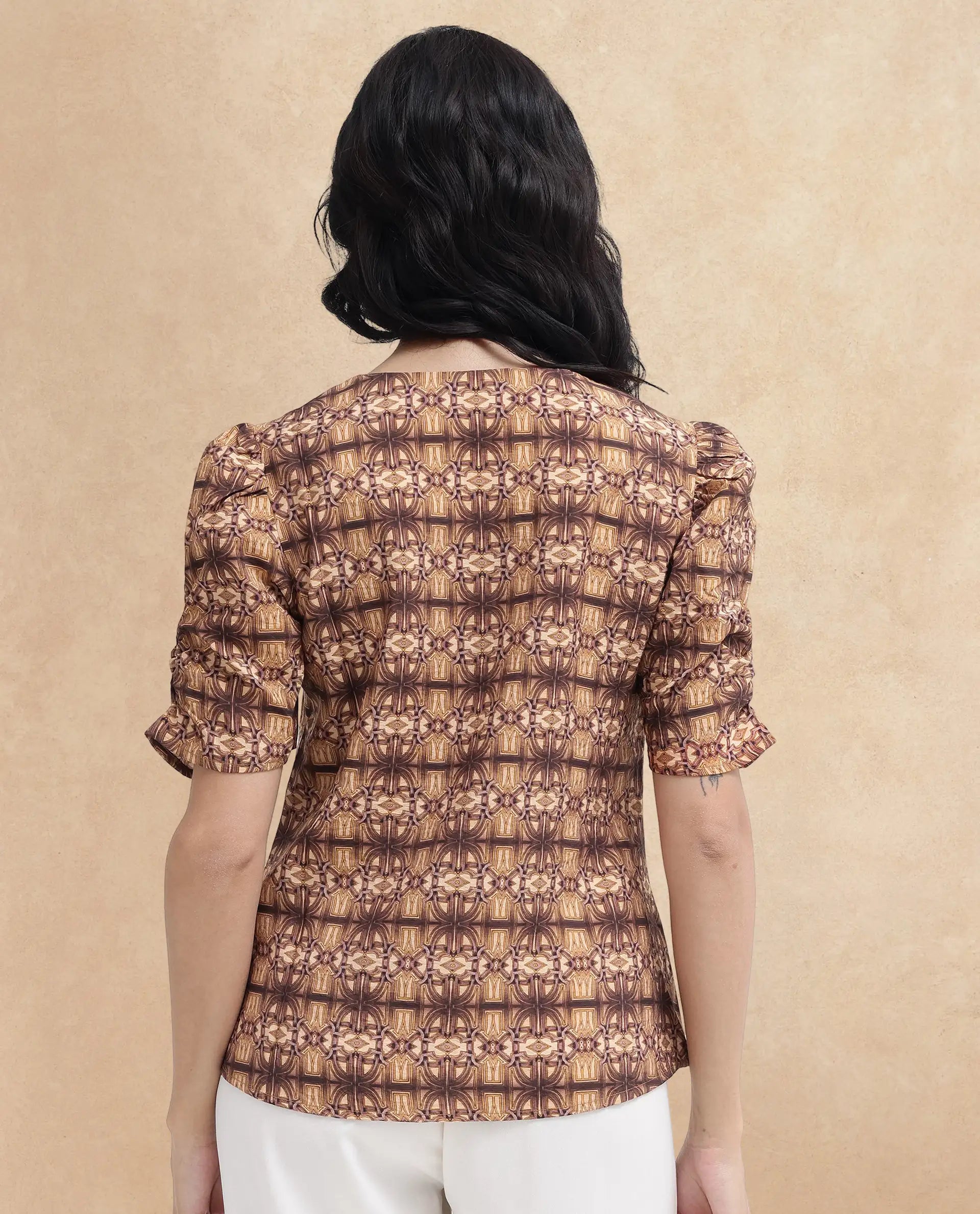 Rareism Women Messo Light Brown Poly Viscose Puff Sleeves V-Neck Abstract Print Top