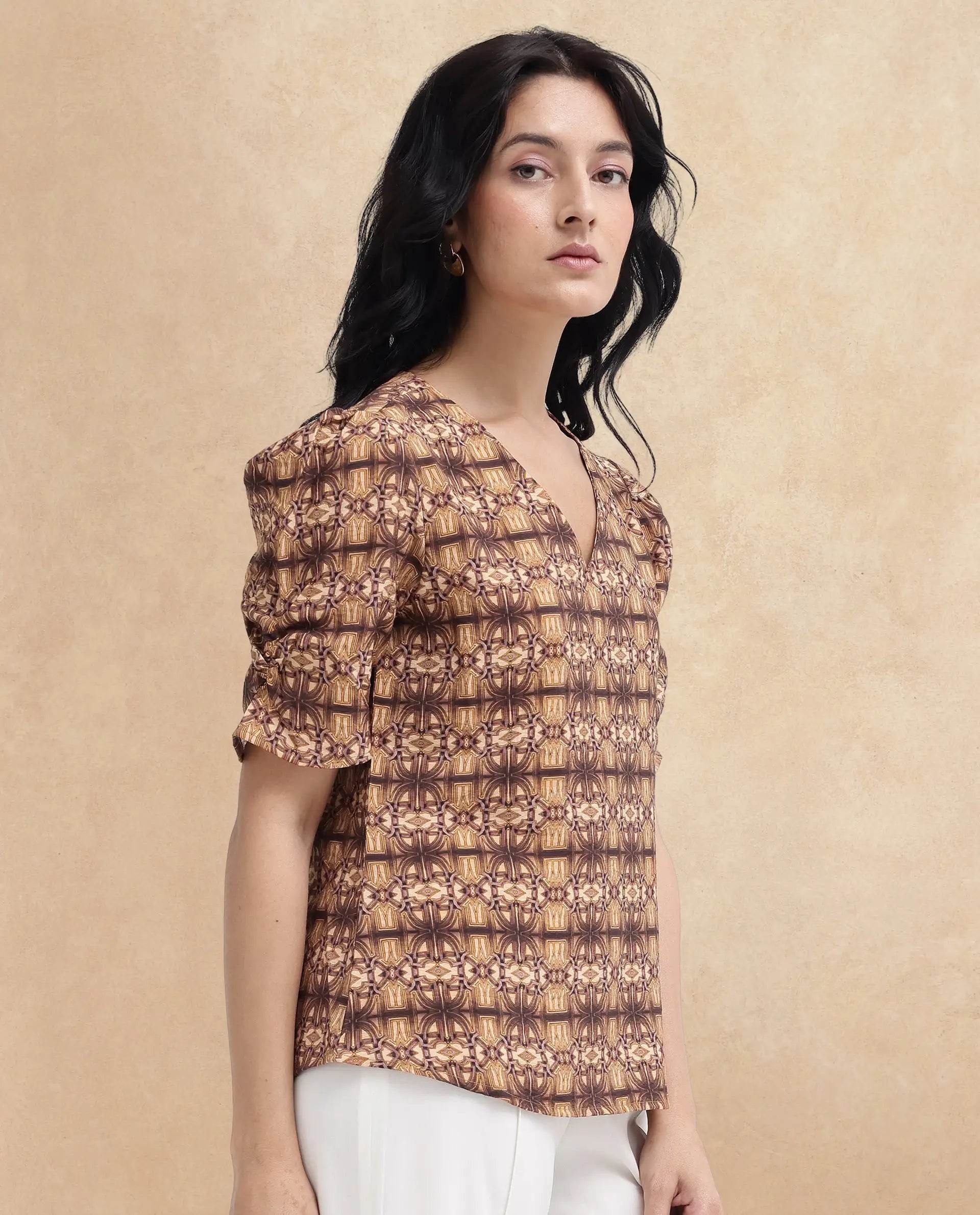 Rareism Women Messo Light Brown Poly Viscose Puff Sleeves V-Neck Abstract Print Top