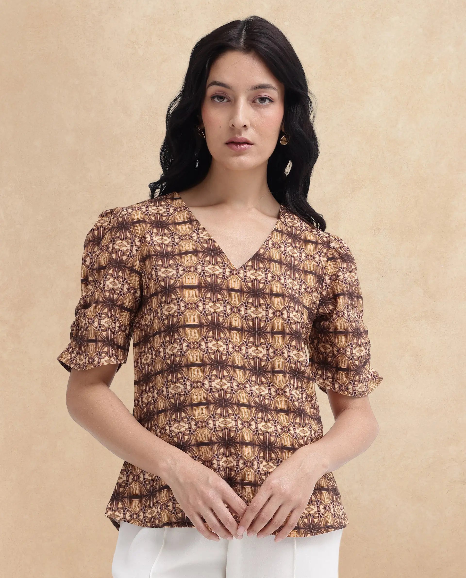 Rareism Women Messo Light Brown Poly Viscose Puff Sleeves V-Neck Abstract Print Top