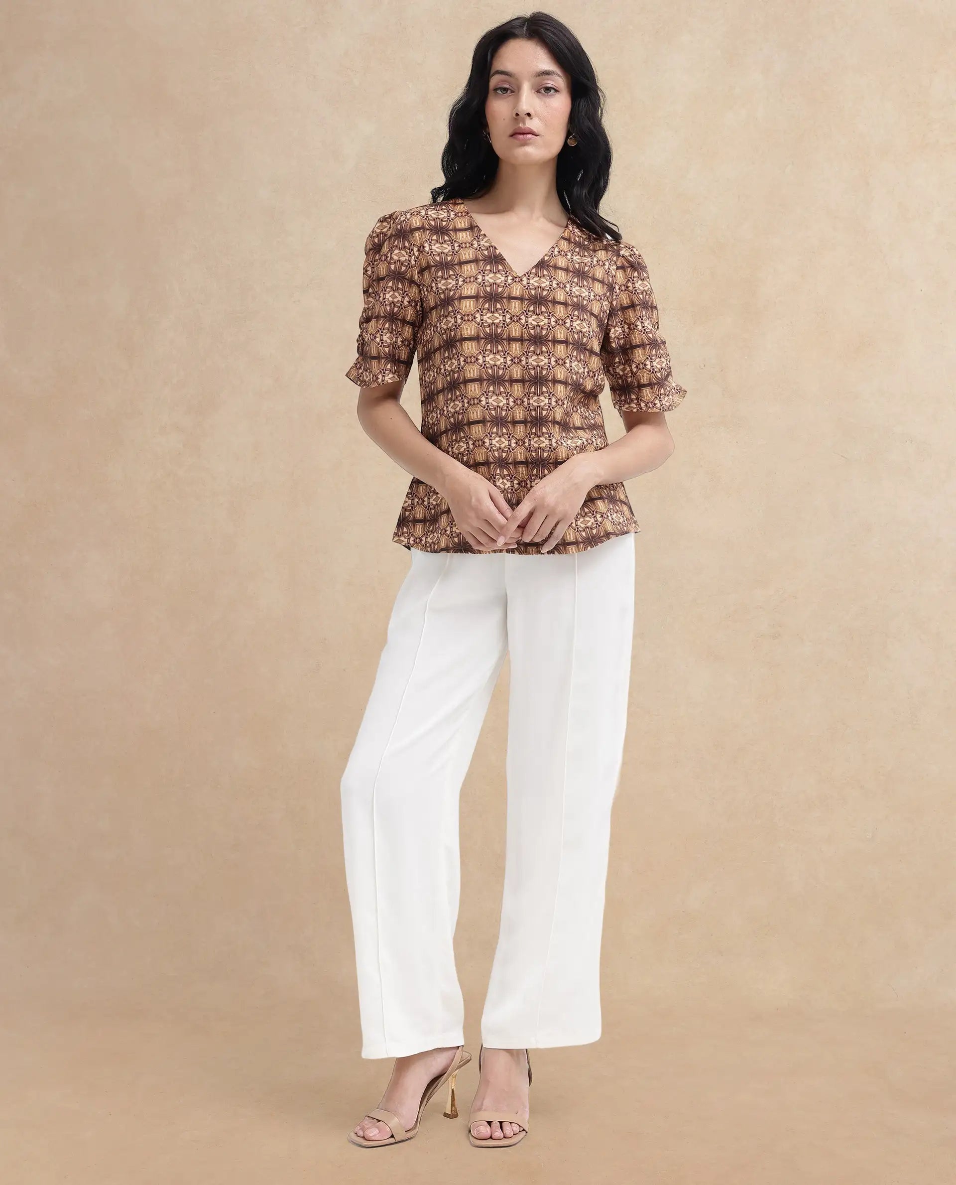 Rareism Women Messo Light Brown Poly Viscose Puff Sleeves V-Neck Abstract Print Top