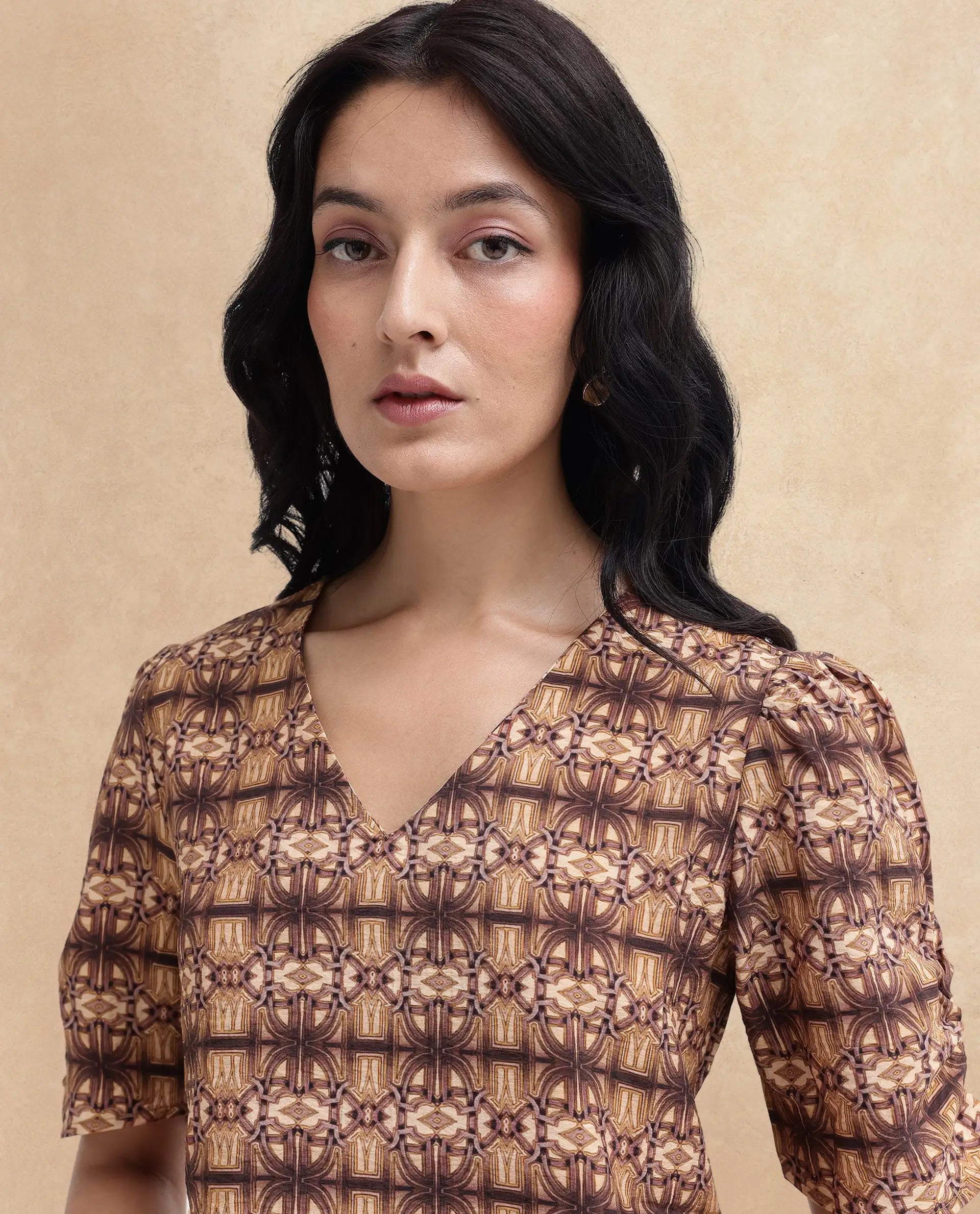 Rareism Women Messo Light Brown Poly Viscose Puff Sleeves V-Neck Abstract Print Top