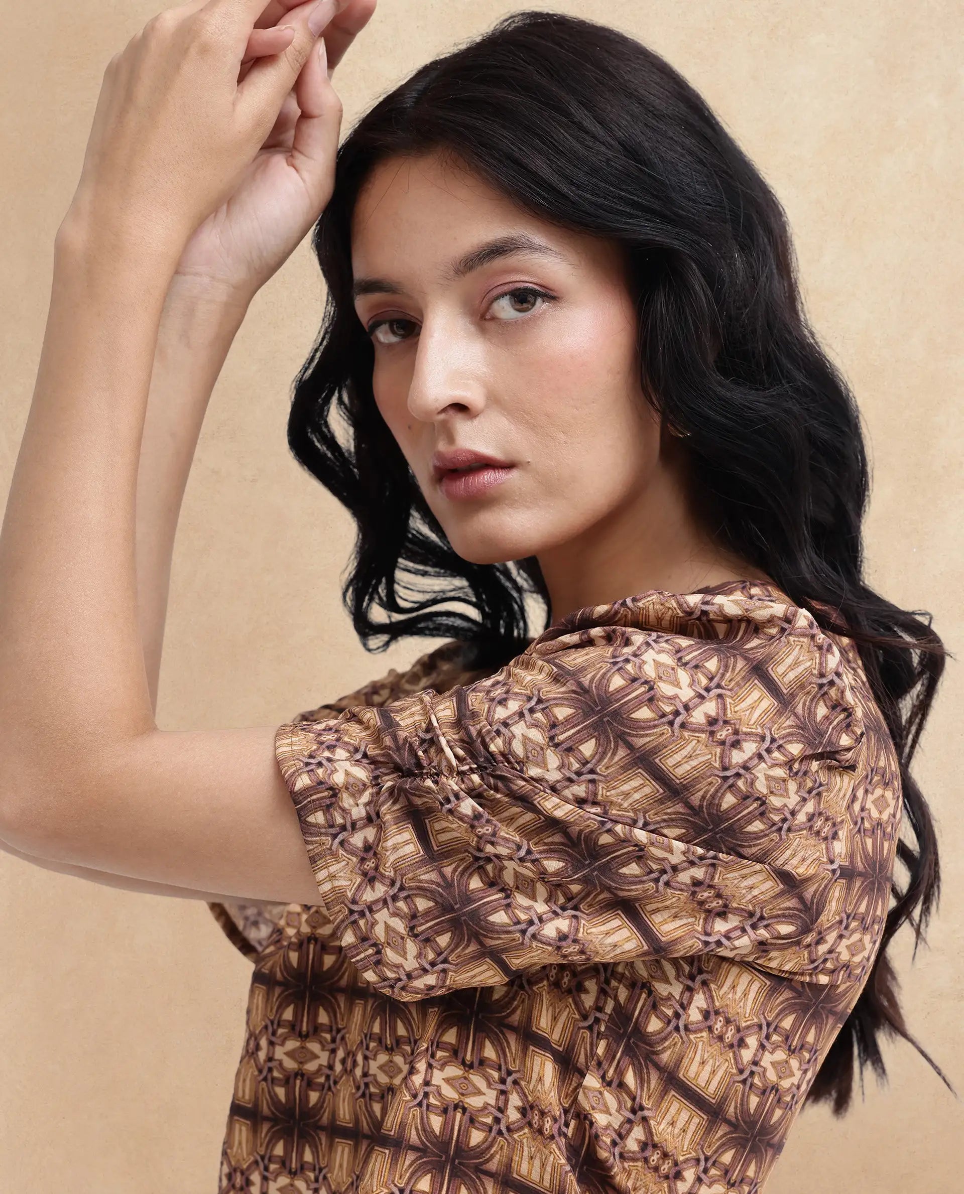 Rareism Women Messo Light Brown Poly Viscose Puff Sleeves V-Neck Abstract Print Top