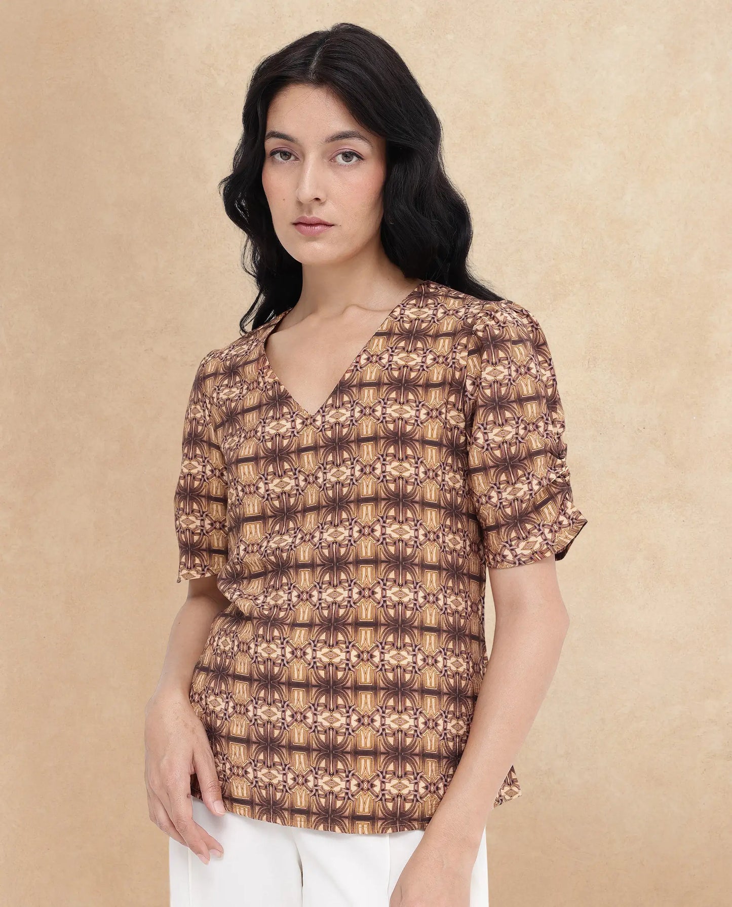 Rareism Women Messo Light Brown Poly Viscose Puff Sleeves V-Neck Abstract Print Top