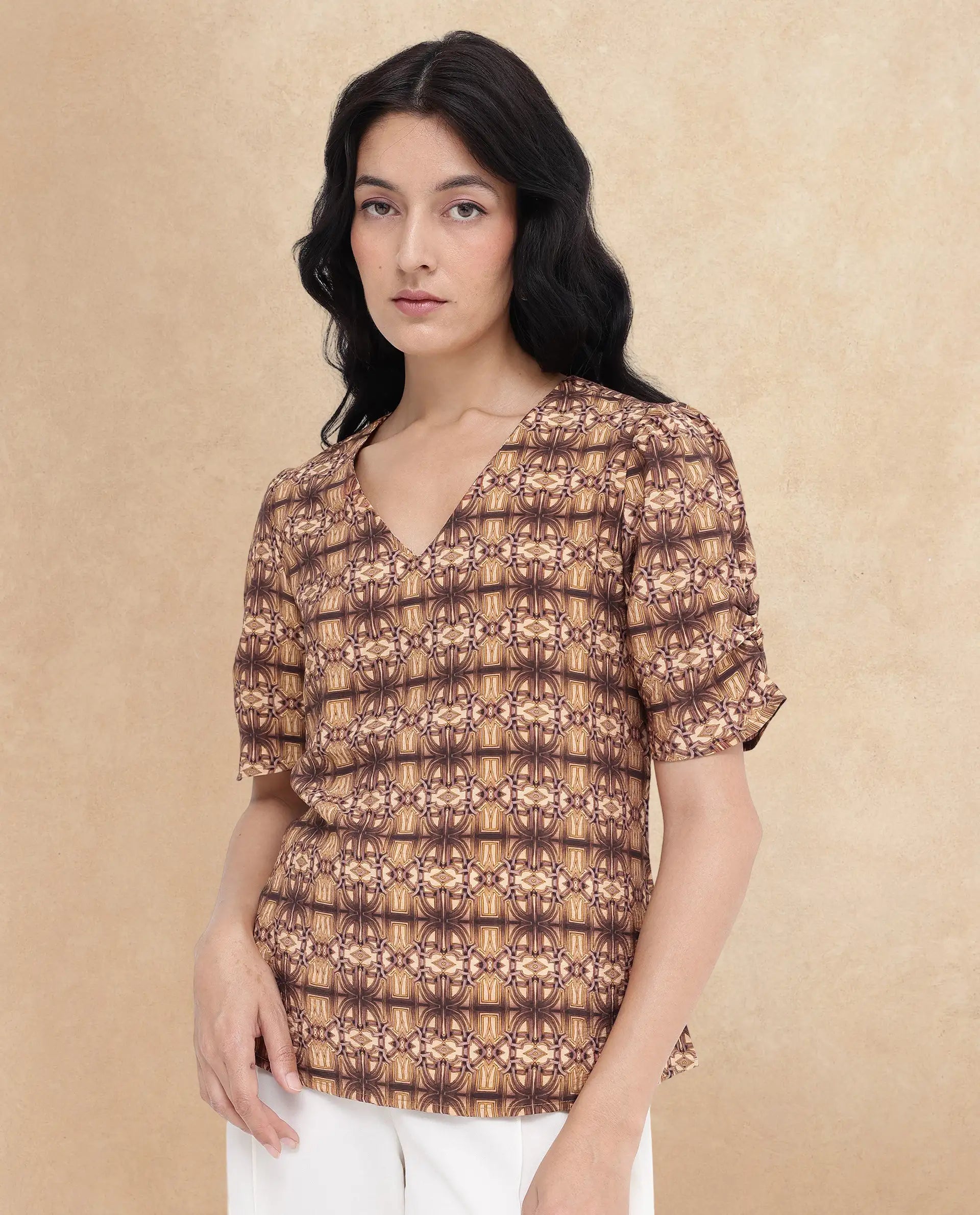 Rareism Women Messo Light Brown Poly Viscose Puff Sleeves V-Neck Abstract Print Top