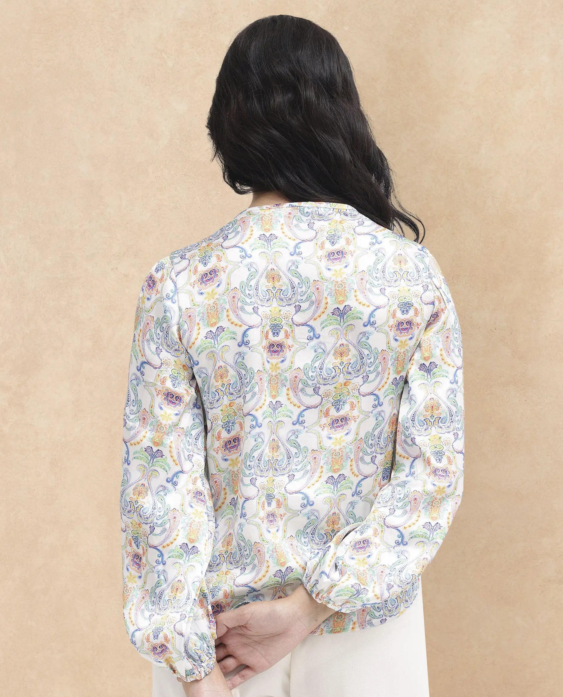 Rareism Women Mester Multi Polyester Fabric Full Sleeve Key Hole Neck Abstract Print Regular Length Top