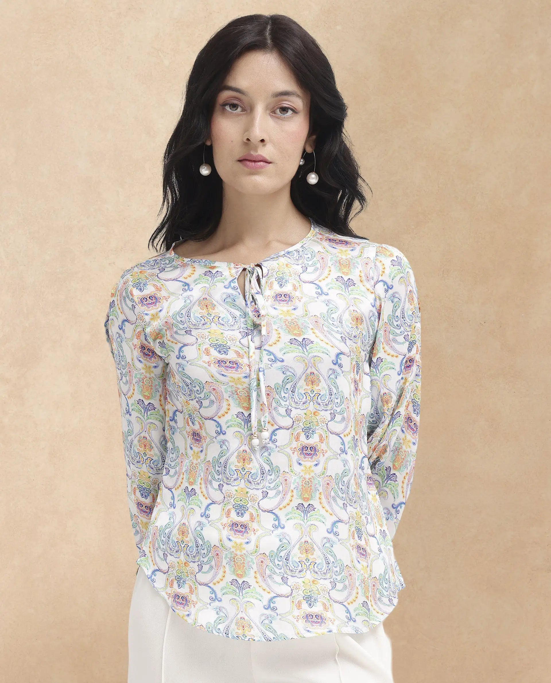 Rareism Women Mester Multi Polyester Fabric Full Sleeve Key Hole Neck Abstract Print Regular Length Top