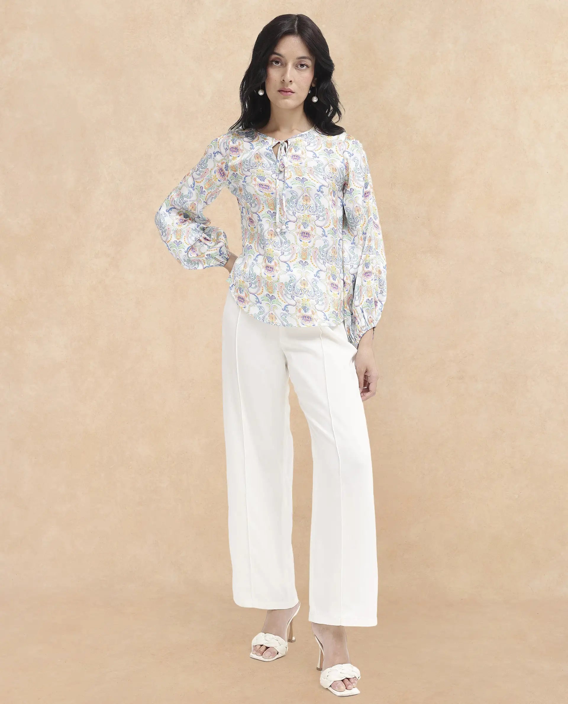 Rareism Women Mester Multi Polyester Fabric Full Sleeve Key Hole Neck Abstract Print Regular Length Top