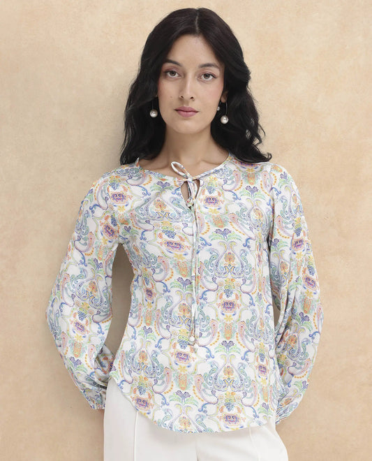 Rareism Women Mester Multi Polyester Fabric Full Sleeve Key Hole Neck Abstract Print Regular Length Top