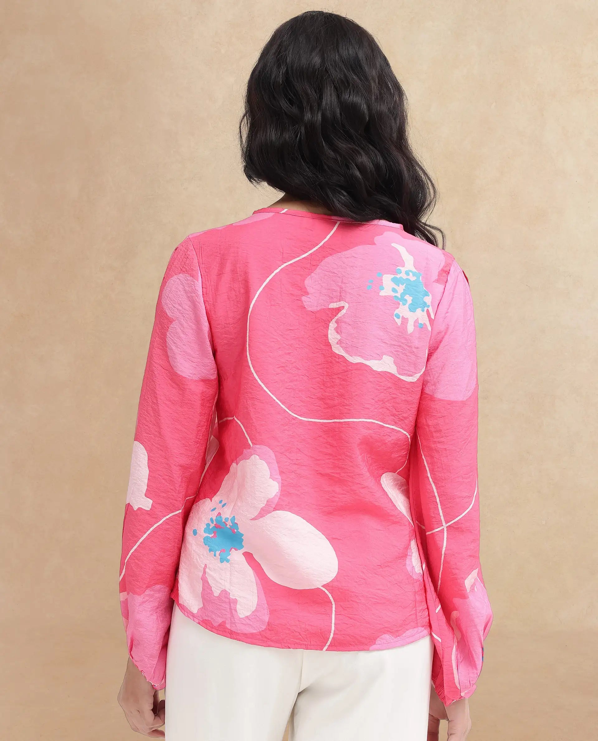 Rareism Women Mestero Pink Bishop Sleeve Tie Up Neck Floral Print Top