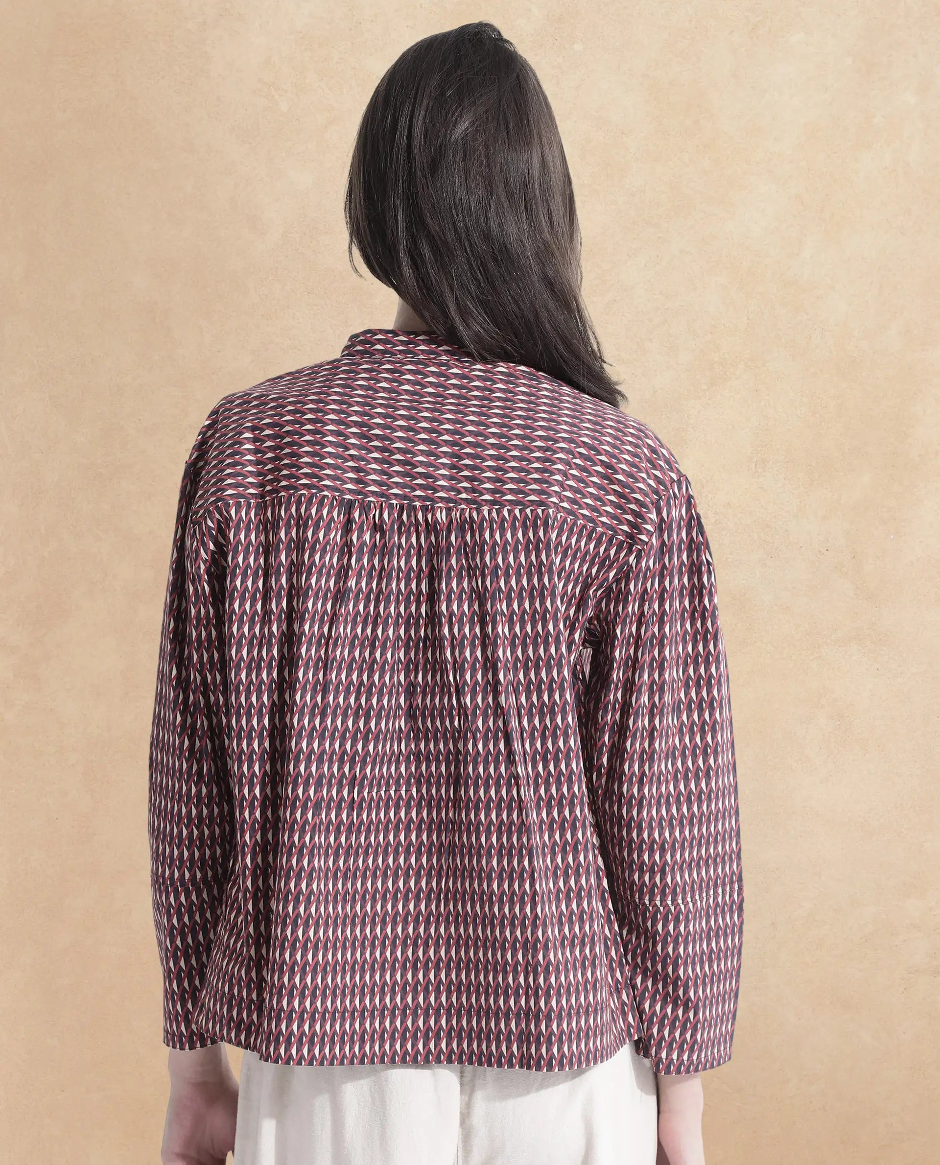 Rareism Women Meteor Dark Multi Full Sleeve Mandarin Neck  Relaxed Fit Geometric Print Top