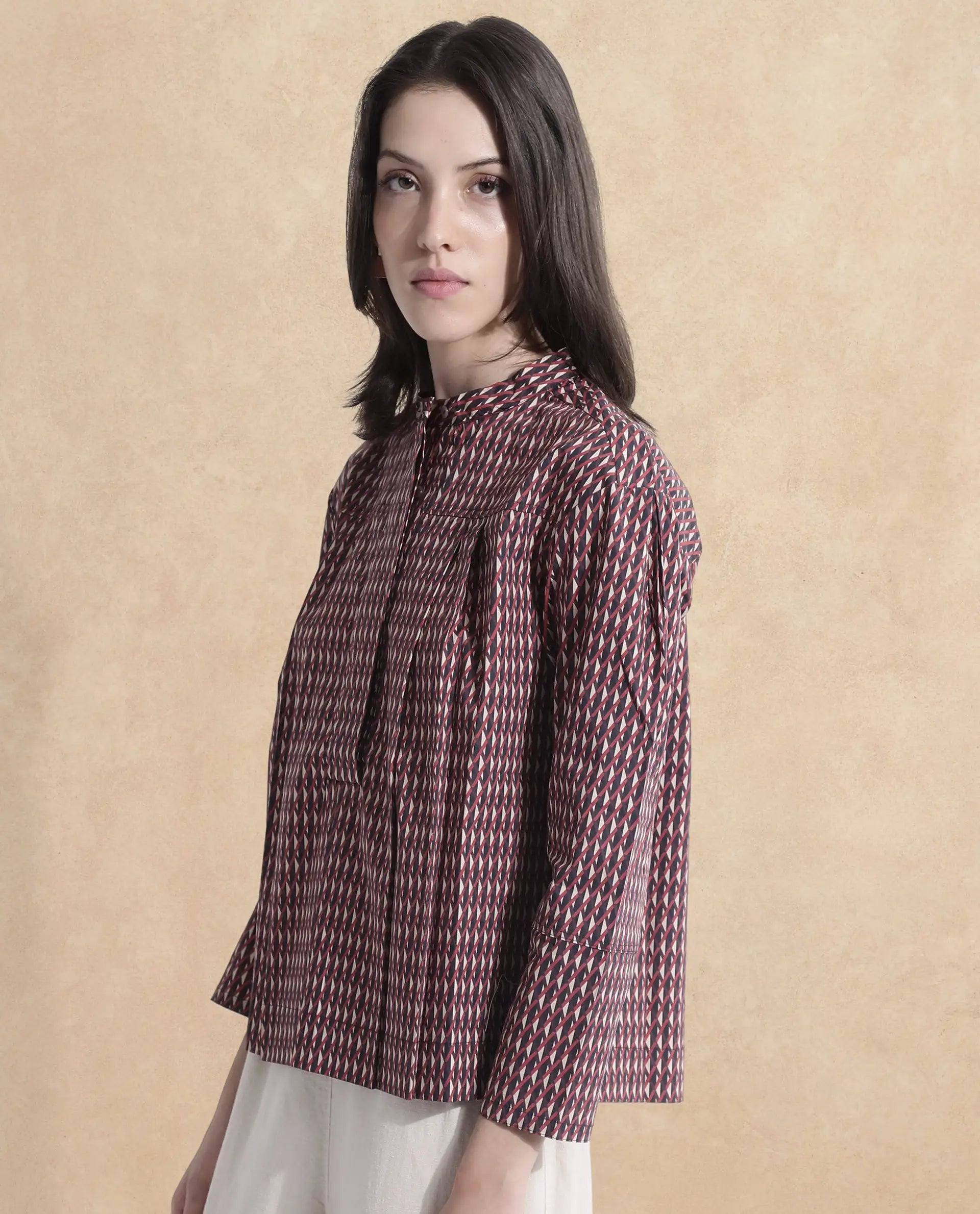 Rareism Women Meteor Dark Multi Full Sleeve Mandarin Neck  Relaxed Fit Geometric Print Top