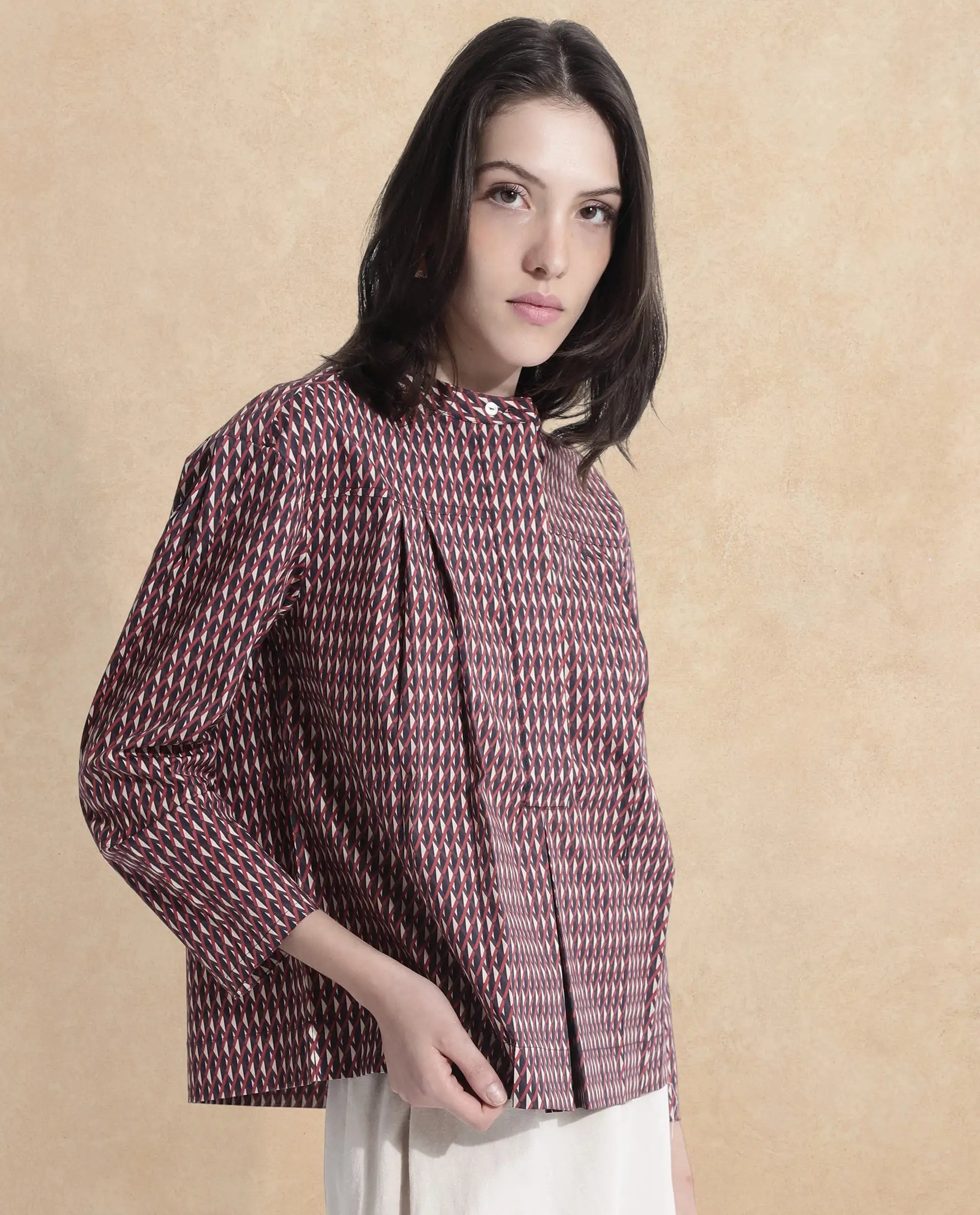 Rareism Women Meteor Dark Multi Full Sleeve Mandarin Neck  Relaxed Fit Geometric Print Top