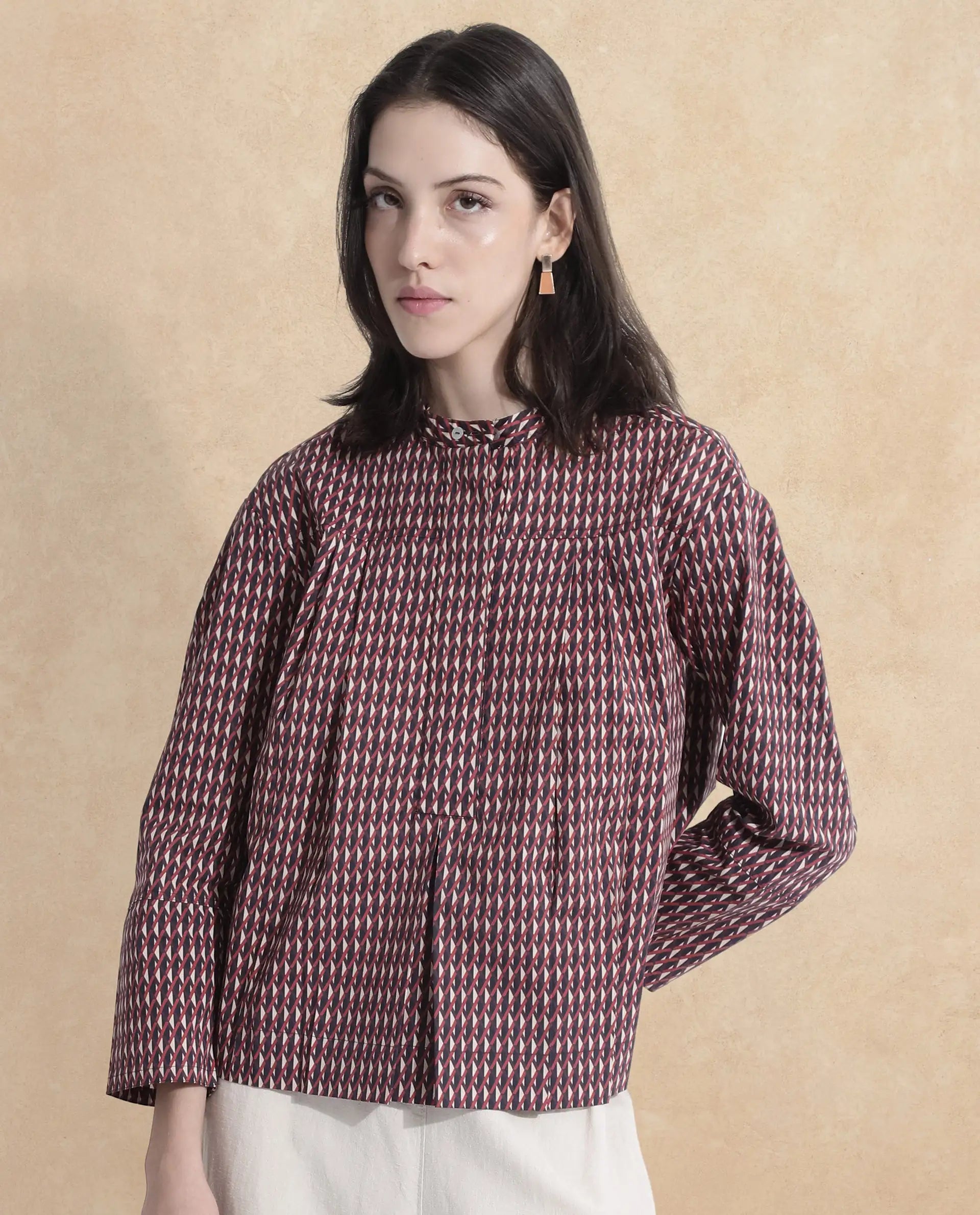 Rareism Women Meteor Dark Multi Full Sleeve Mandarin Neck  Relaxed Fit Geometric Print Top