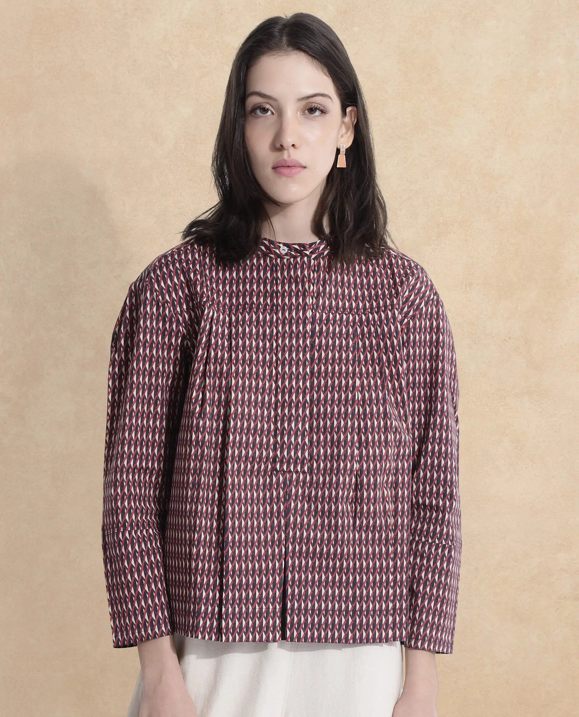 Rareism Women Meteor Dark Multi Full Sleeve Mandarin Neck  Relaxed Fit Geometric Print Top