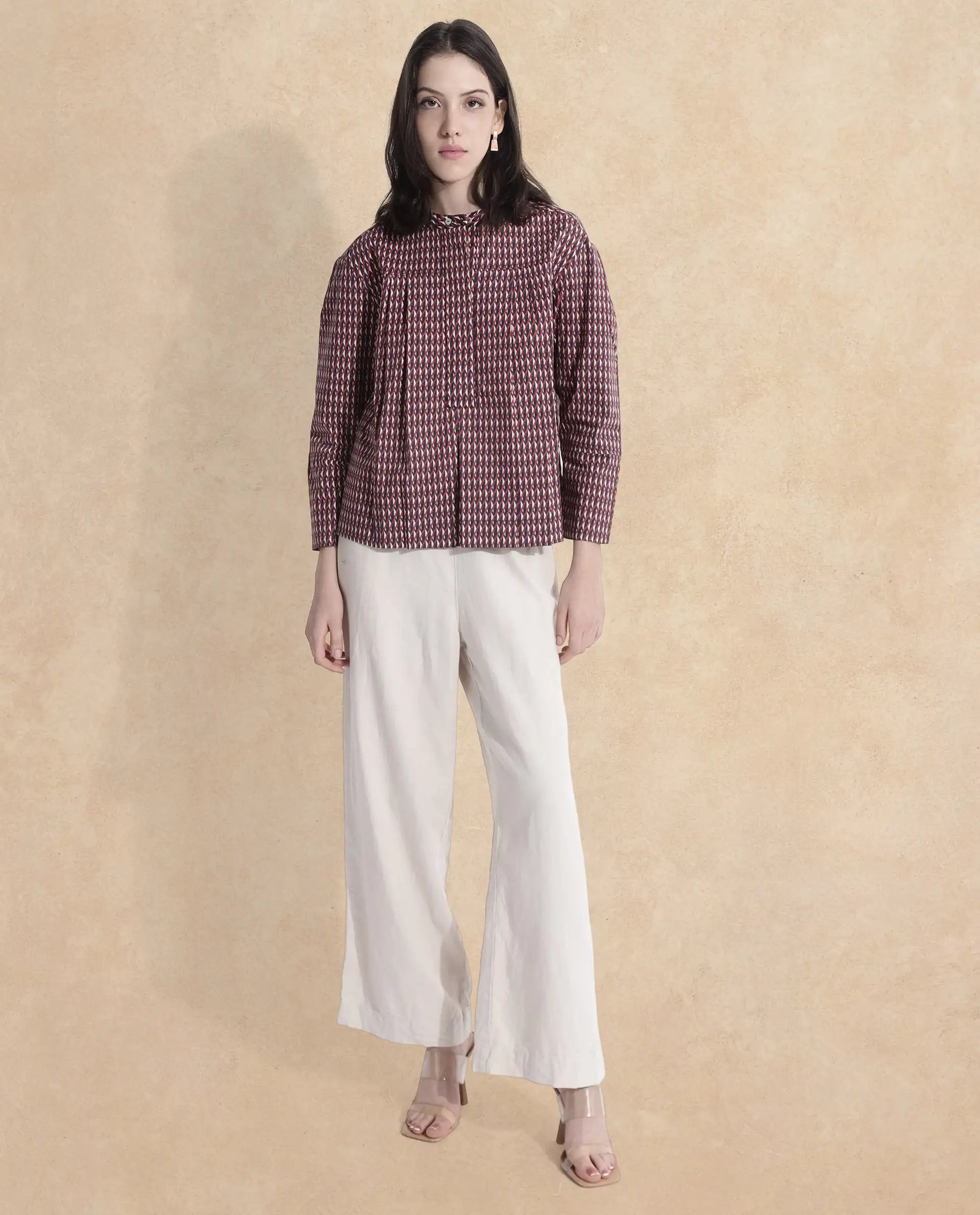 Rareism Women Meteor Dark Multi Full Sleeve Mandarin Neck  Relaxed Fit Geometric Print Top