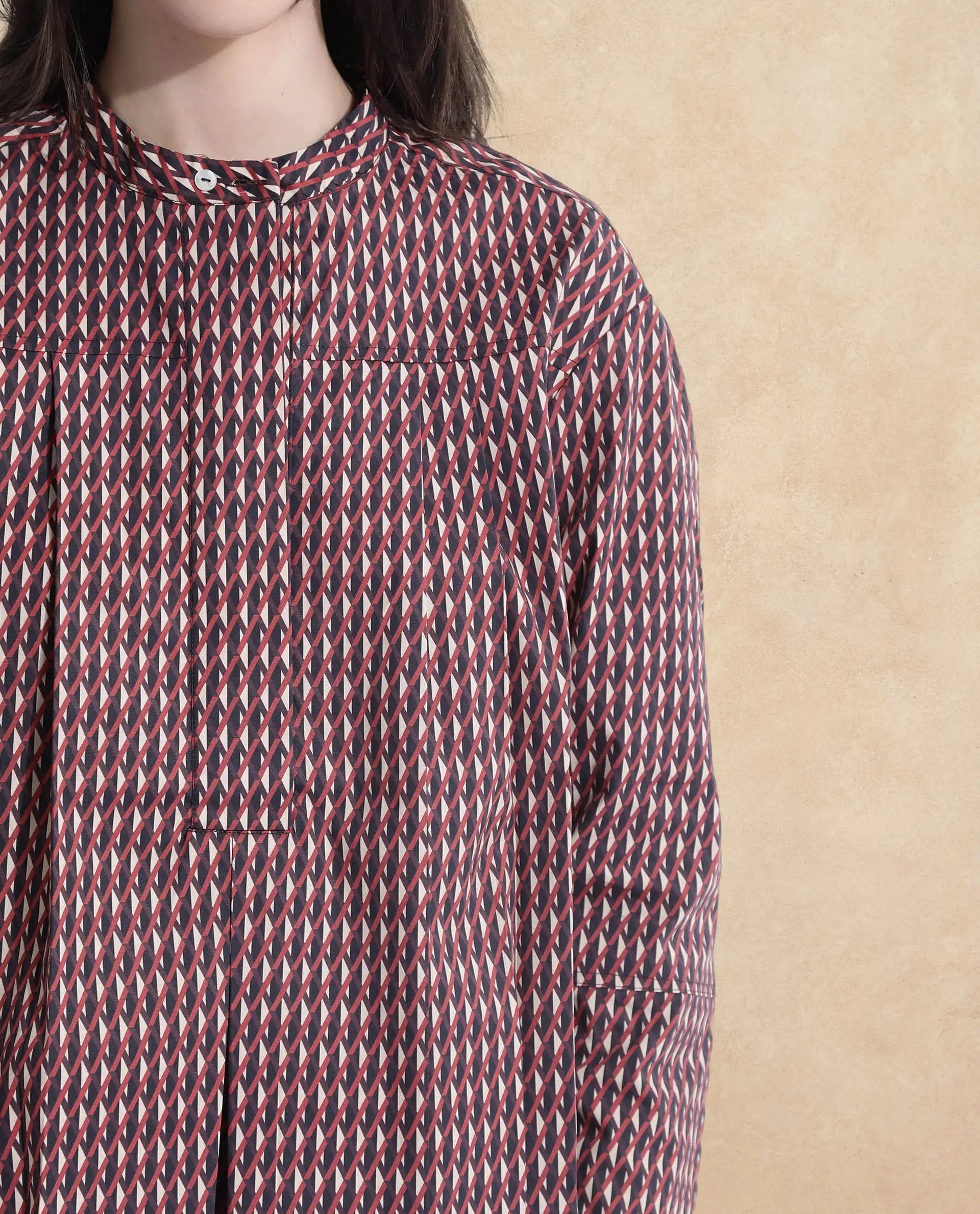 Rareism Women Meteor Dark Multi Full Sleeve Mandarin Neck  Relaxed Fit Geometric Print Top