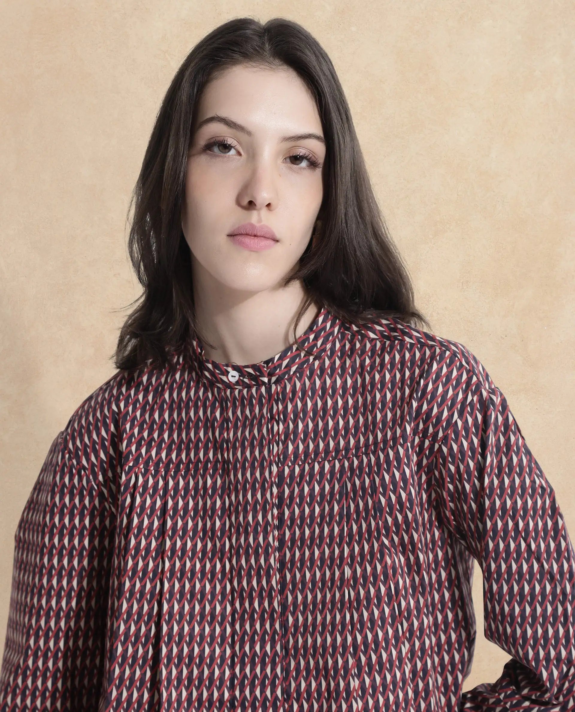 Rareism Women Meteor Dark Multi Full Sleeve Mandarin Neck  Relaxed Fit Geometric Print Top