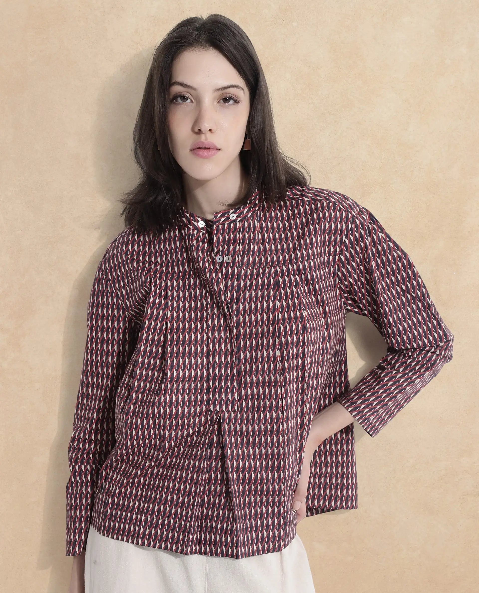 Rareism Women Meteor Dark Multi Full Sleeve Mandarin Neck  Relaxed Fit Geometric Print Top