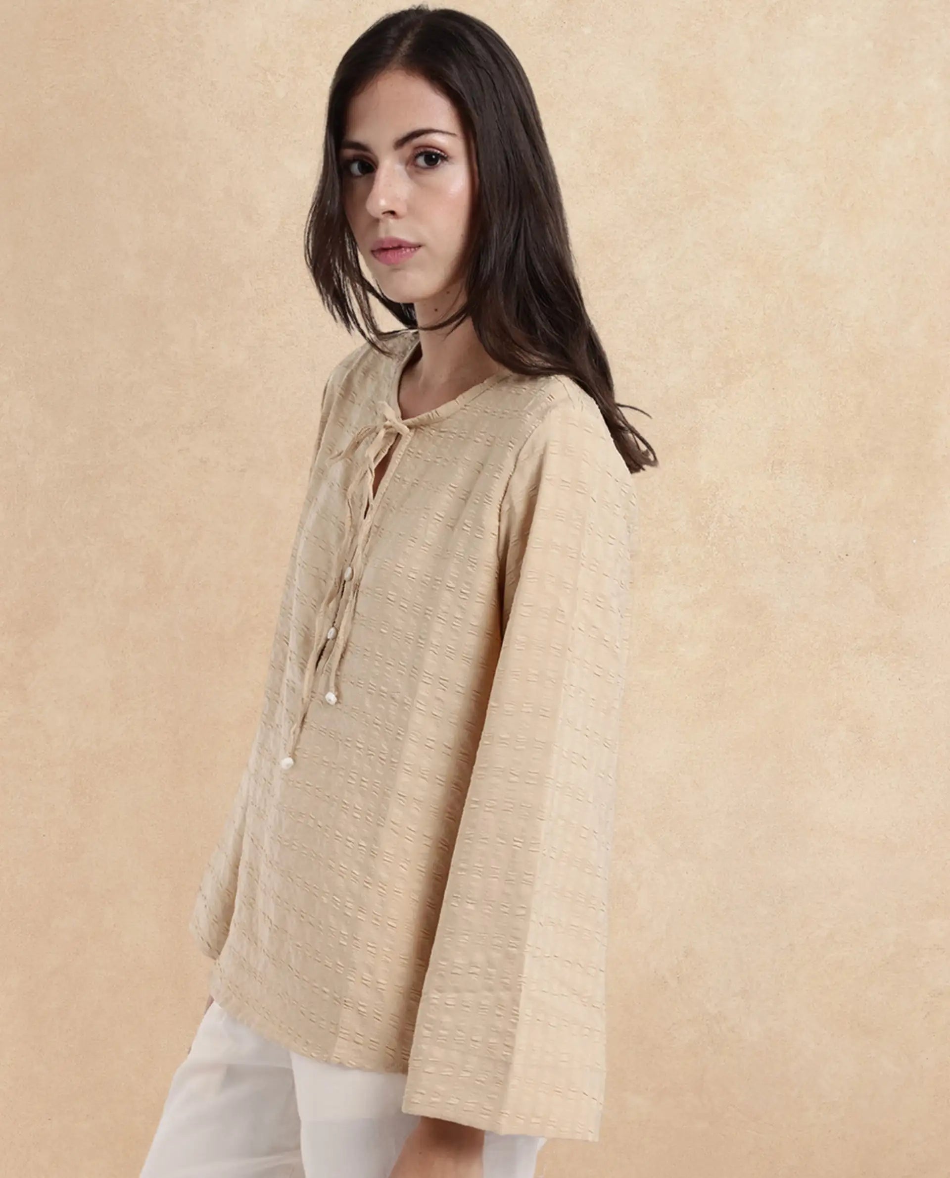 Rareism Women Metio Light Beige Full Sleeve Tie Up Neck  Relaxed Fit Plain Top