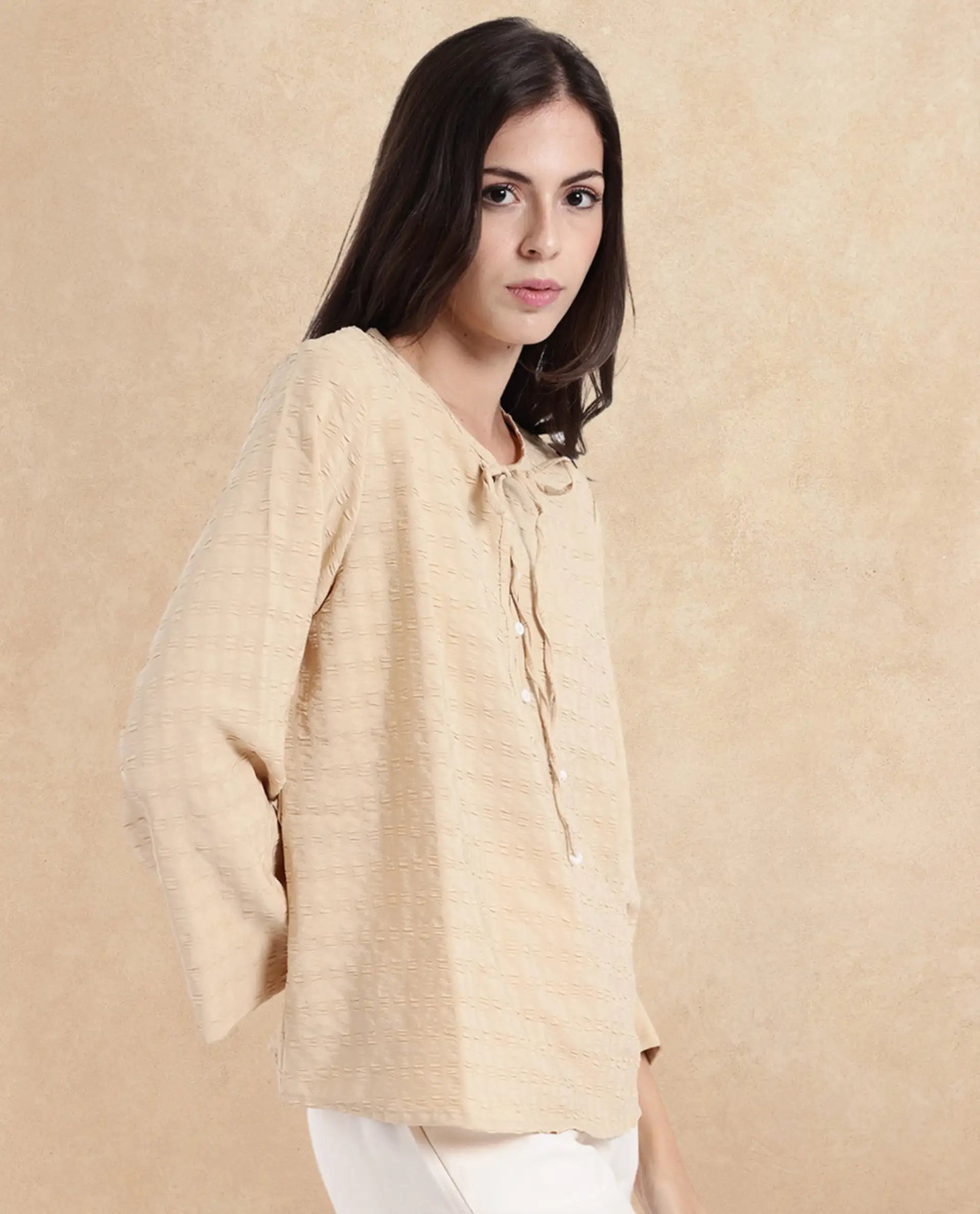 Rareism Women Metio Light Beige Full Sleeve Tie Up Neck  Relaxed Fit Plain Top