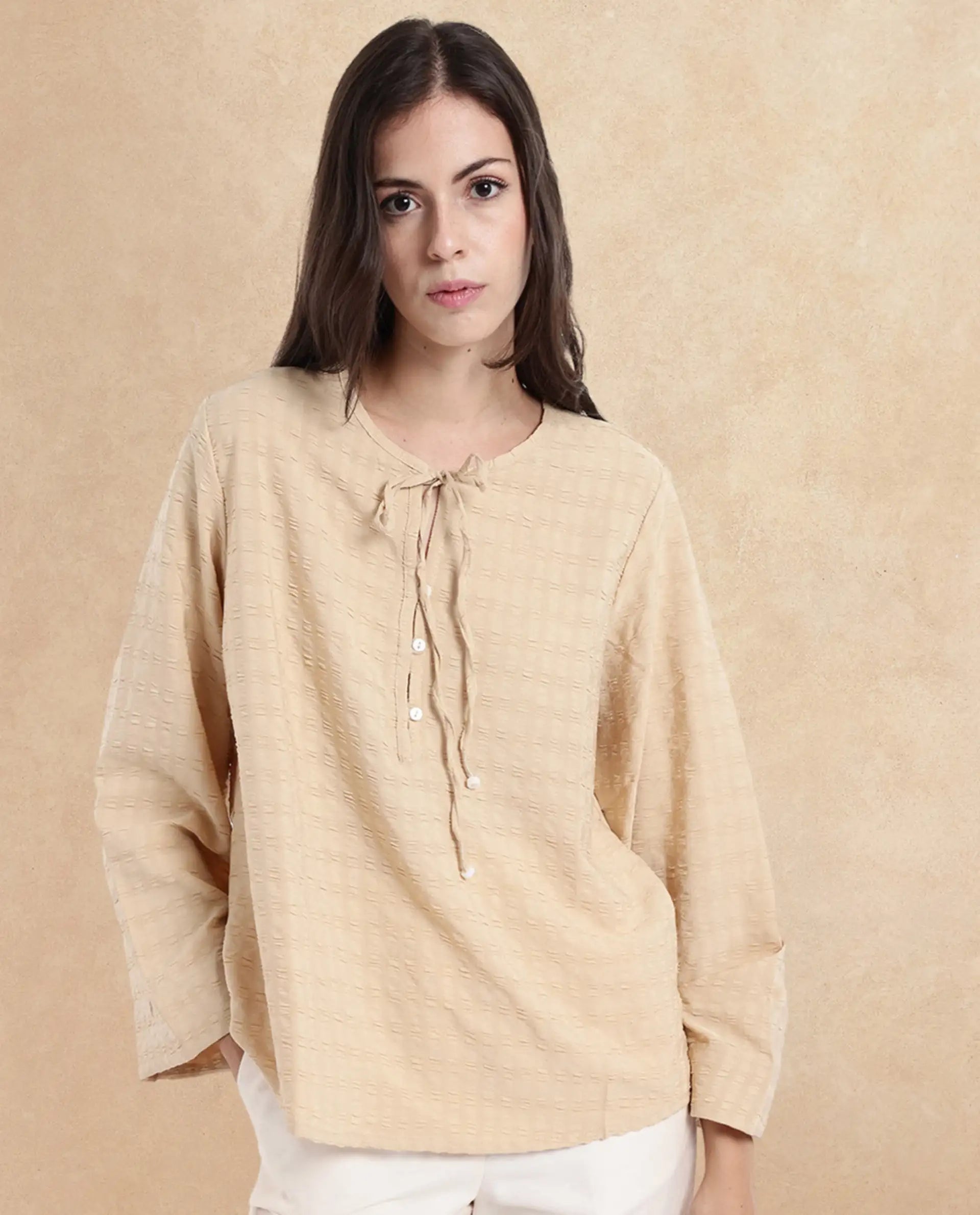 Rareism Women Metio Light Beige Full Sleeve Tie Up Neck  Relaxed Fit Plain Top