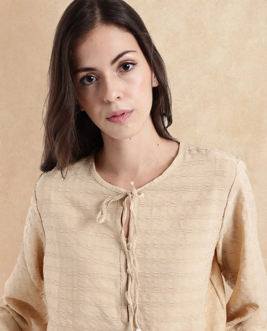 Rareism Women Metio Light Beige Full Sleeve Tie Up Neck  Relaxed Fit Plain Top